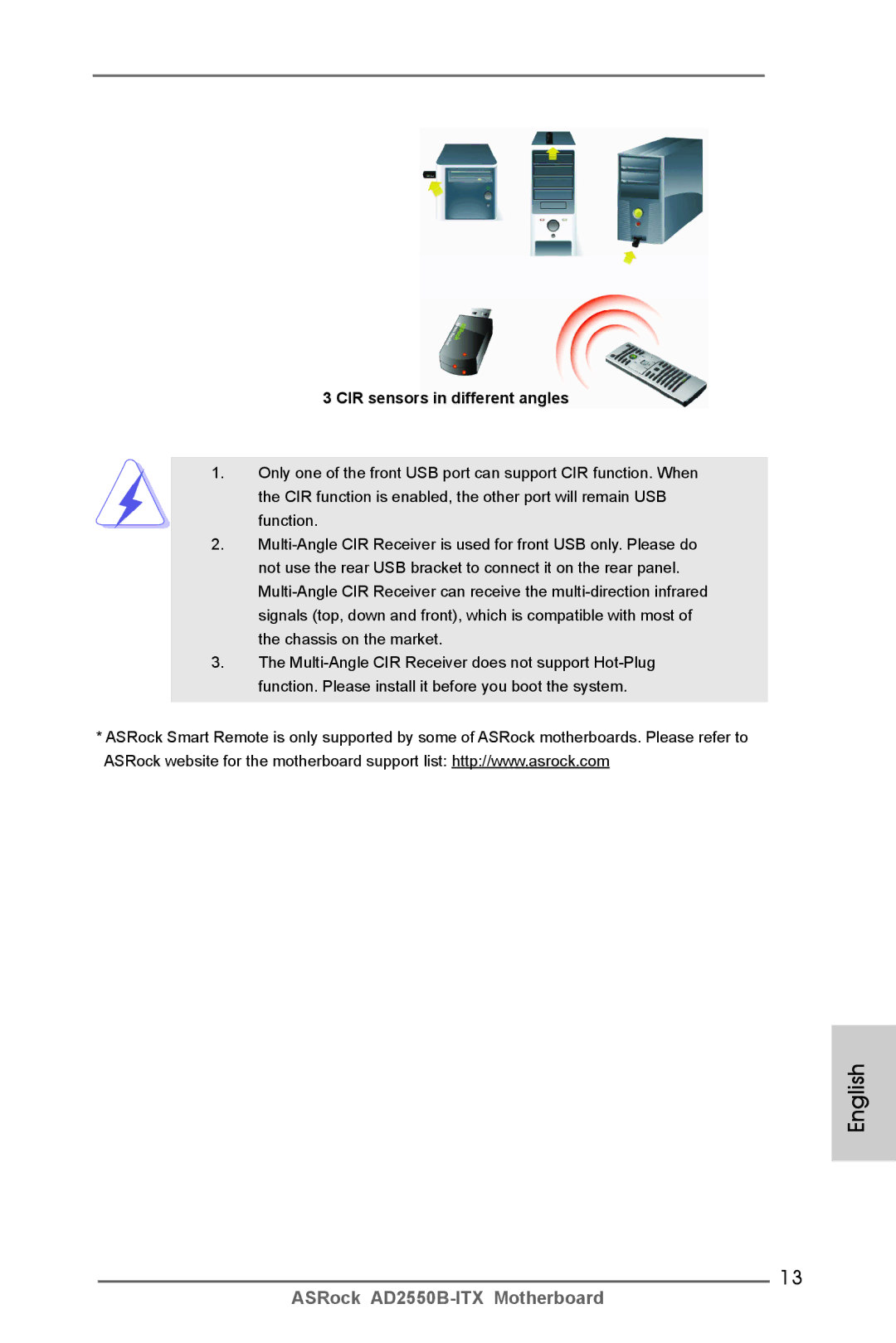 ASRock AD2550B-ITX manual CIR sensors in different angles 