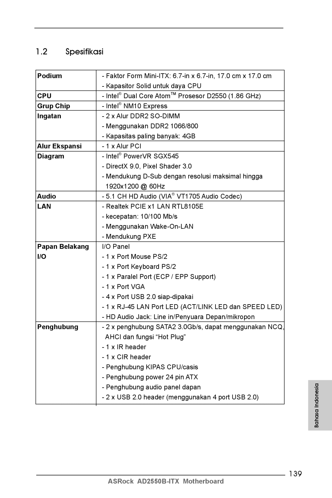 ASRock AD2550B-ITX manual Spesifikasi, 139 