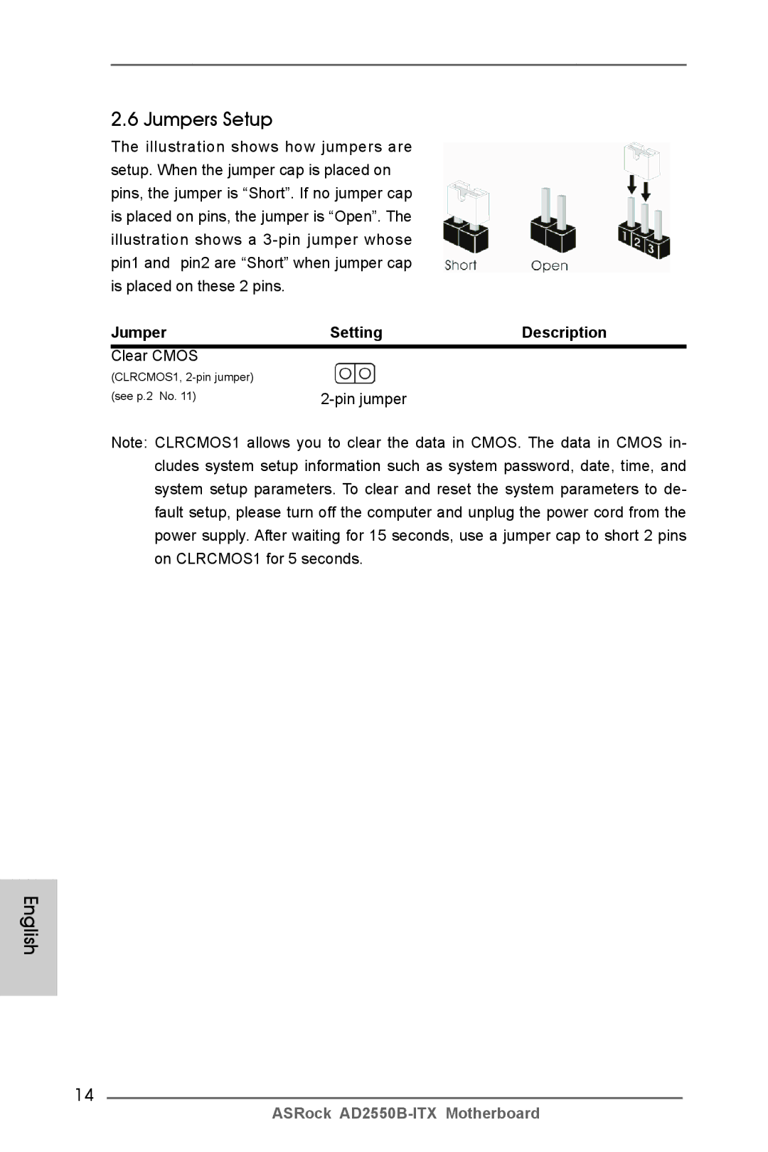 ASRock AD2550B-ITX manual Jumpers Setup, Jumper Setting, Clear Cmos, Pin jumper 