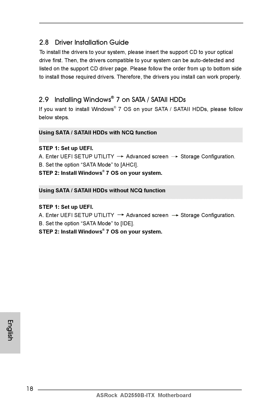 ASRock AD2550B-ITX manual Driver Installation Guide, Installing Windows 7 on Sata / Sataii HDDs 