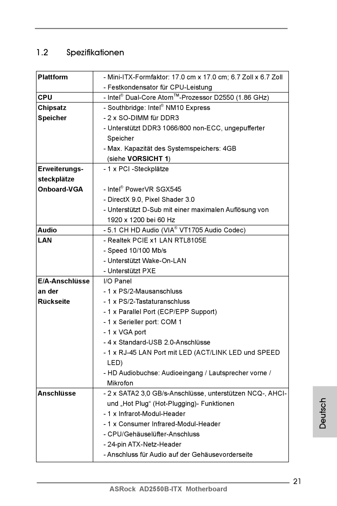 ASRock AD2550B-ITX manual Spezifikationen 