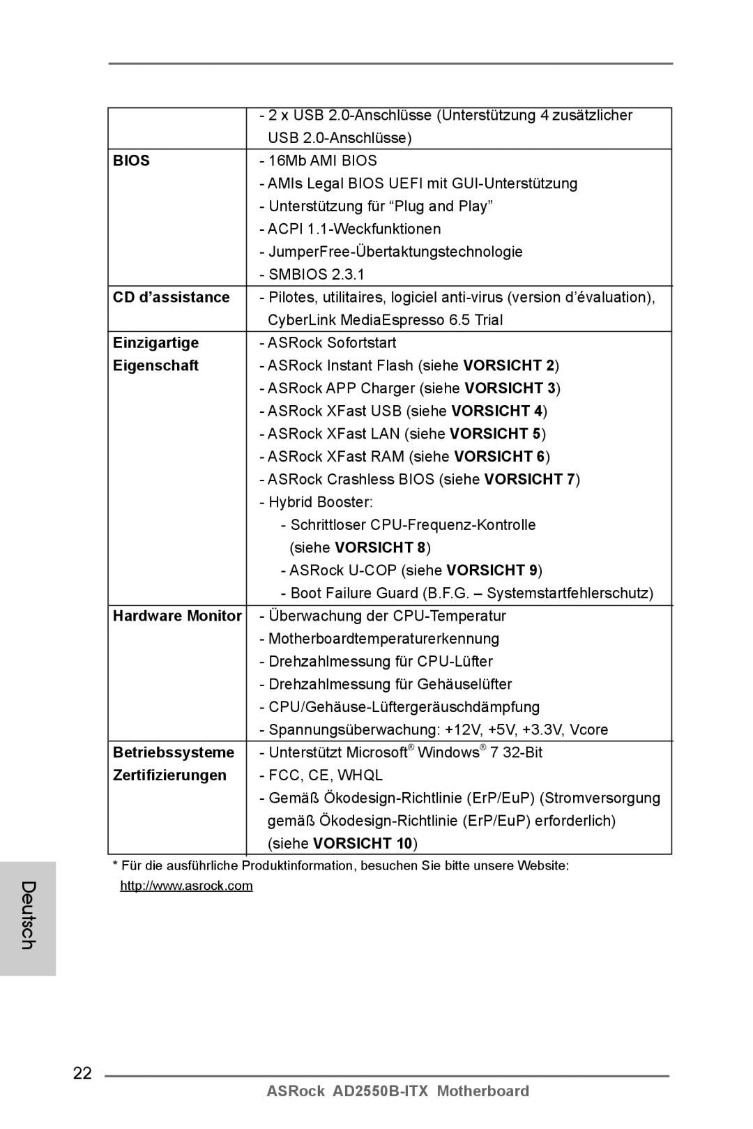 ASRock AD2550B-ITX manual CD d’assistance, Einzigartige, Eigenschaft, Zertifizierungen FCC, CE, Whql 