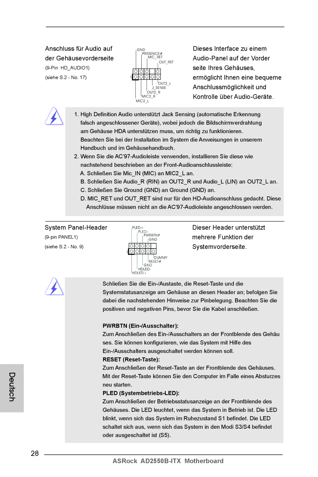 ASRock AD2550B-ITX manual Anschluss für Audio auf, Der Gehäusevorderseite, System Panel-Header, Mehrere Funktion der 