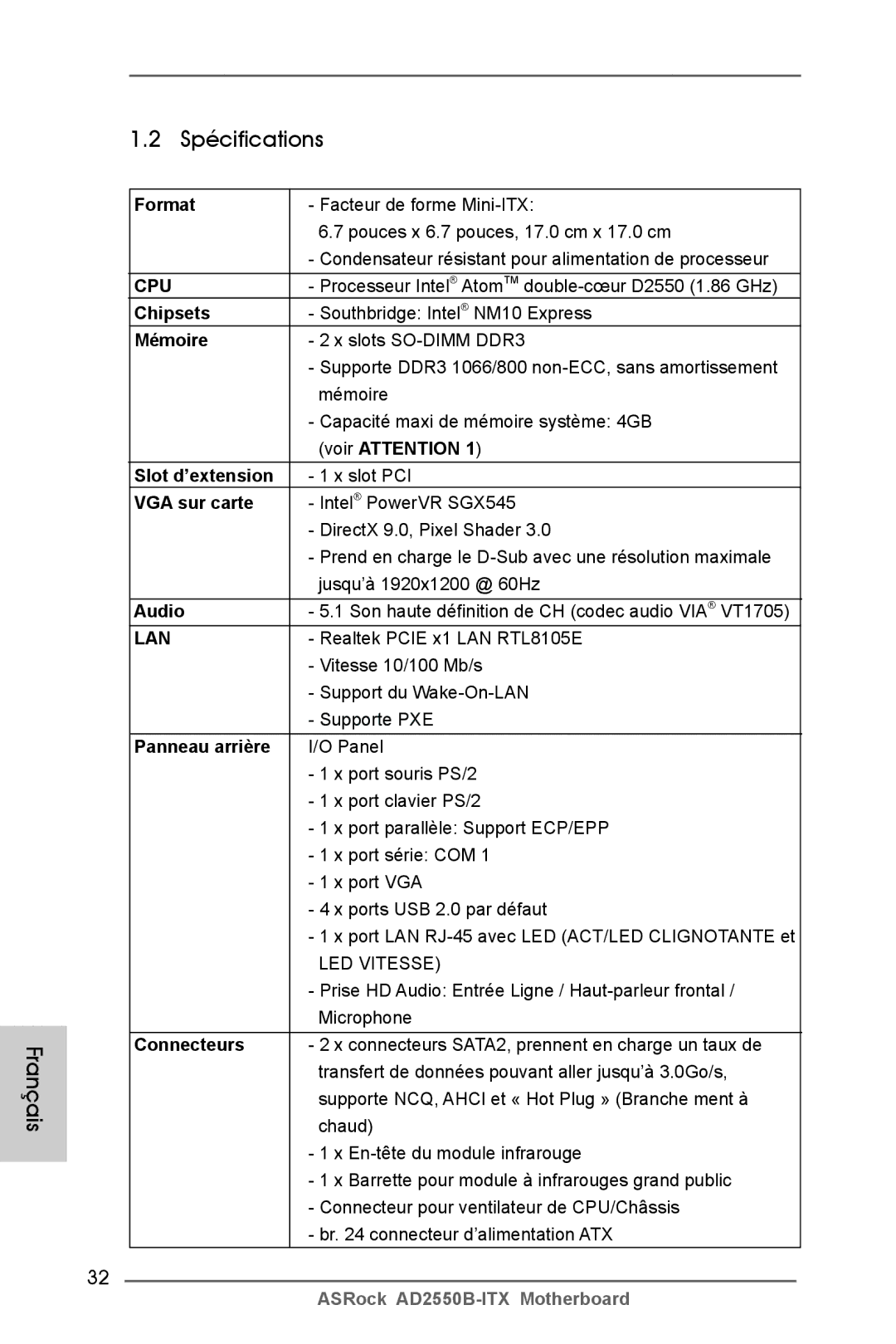 ASRock AD2550B-ITX manual Français Spécifications 