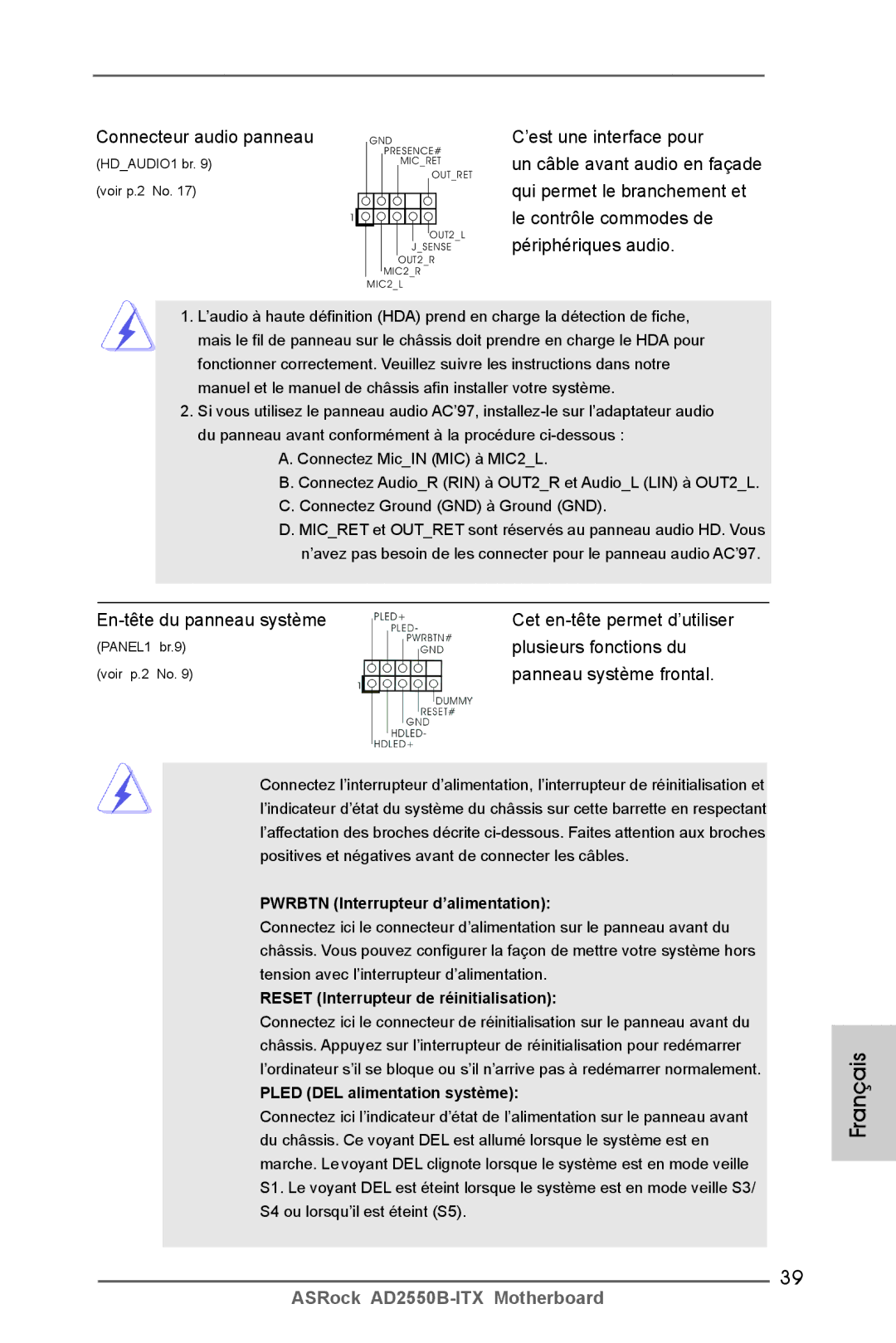 ASRock AD2550B-ITX manual Connecteur audio panneau, En-tête du panneau système Cet en-tête permet d’utiliser 