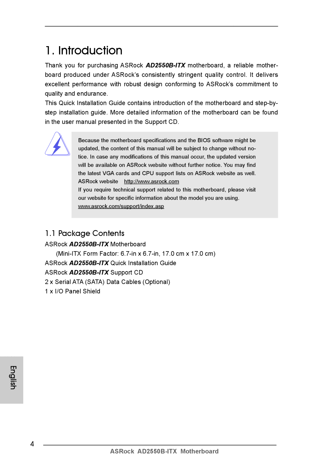 ASRock AD2550B-ITX manual Introduction, Package Contents 