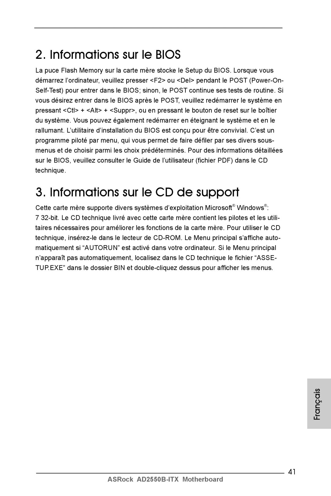 ASRock AD2550B-ITX manual Informations sur le Bios Informations sur le CD de support 