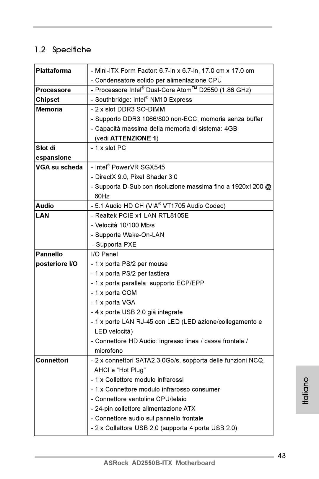 ASRock AD2550B-ITX manual Specifiche 