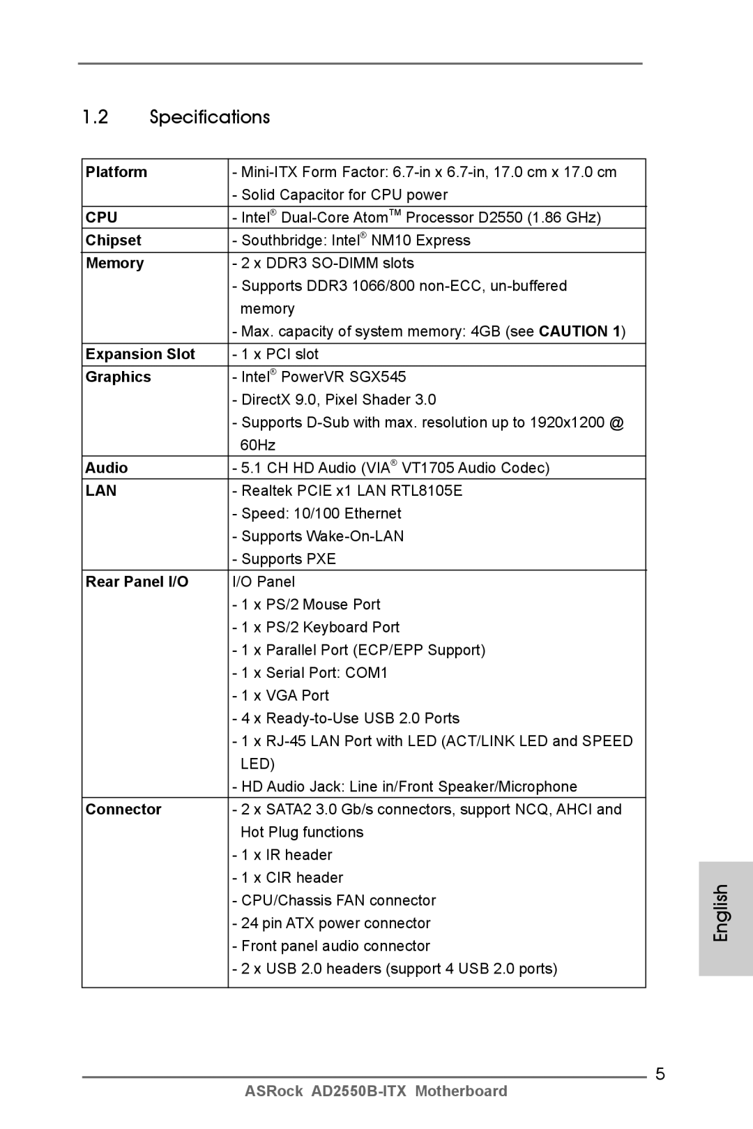 ASRock AD2550B-ITX manual Specifications 