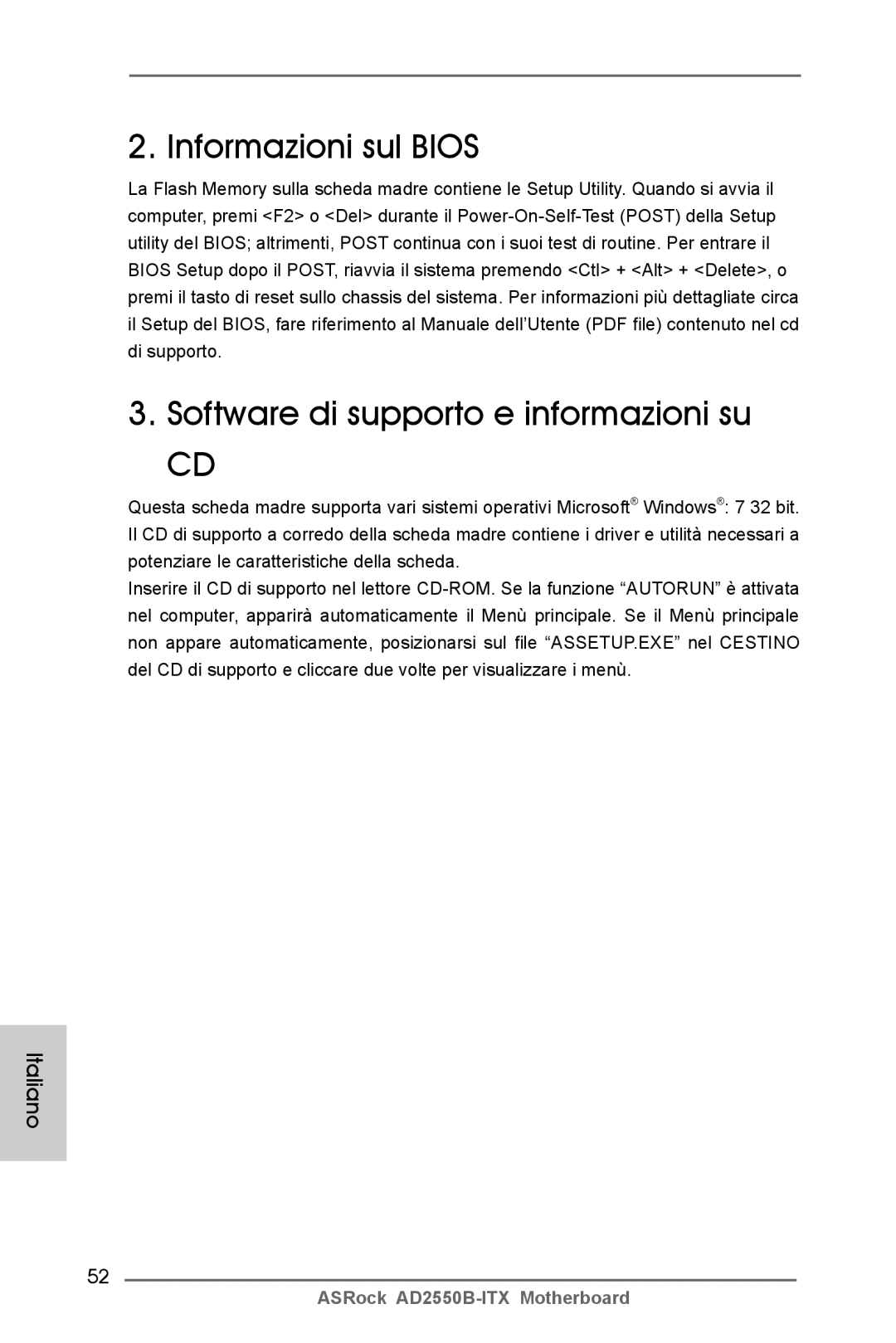 ASRock AD2550B-ITX manual Informazioni sul Bios Software di supporto e informazioni su 