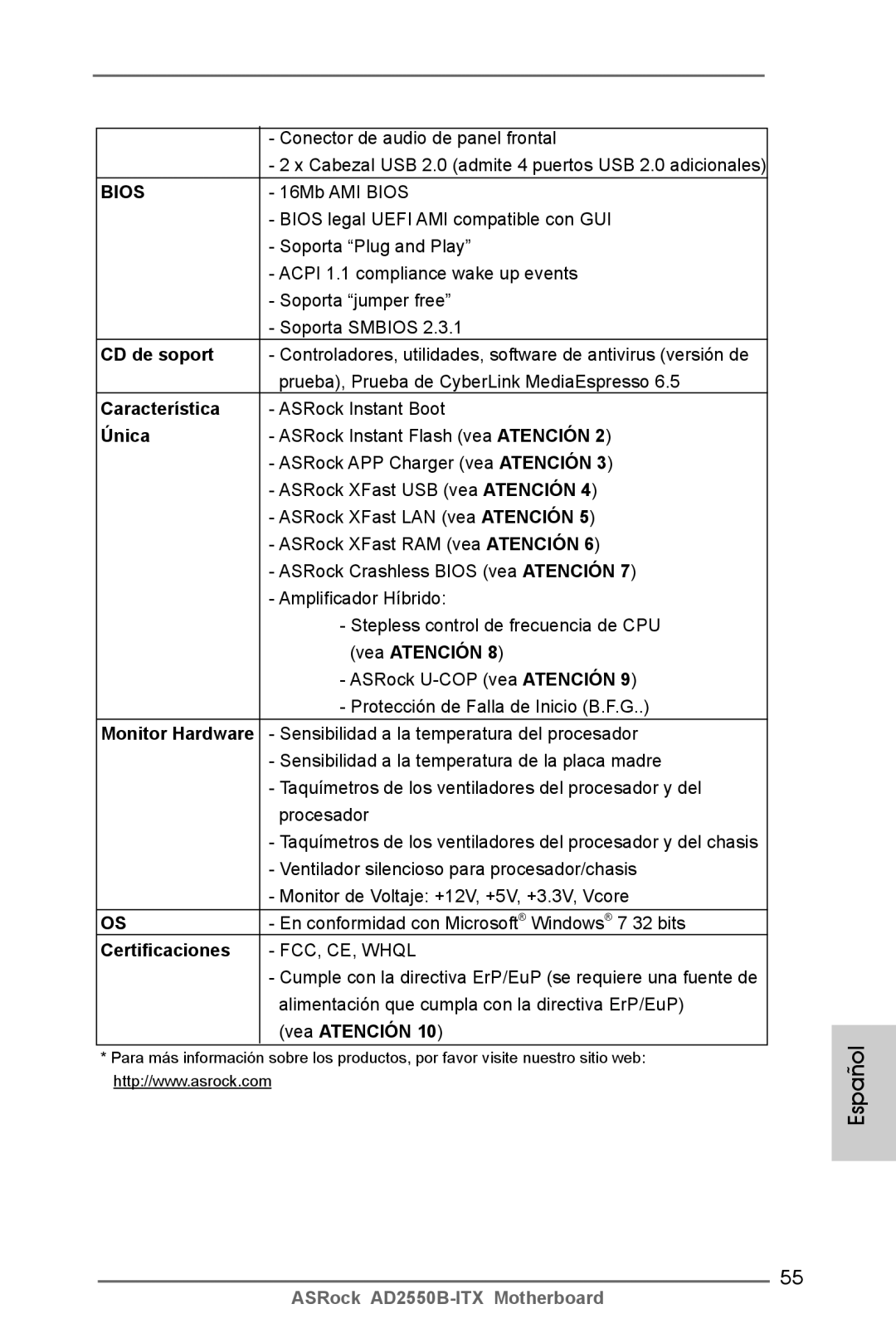 ASRock AD2550B-ITX manual CD de soport, Característica, Única, Certificaciones 