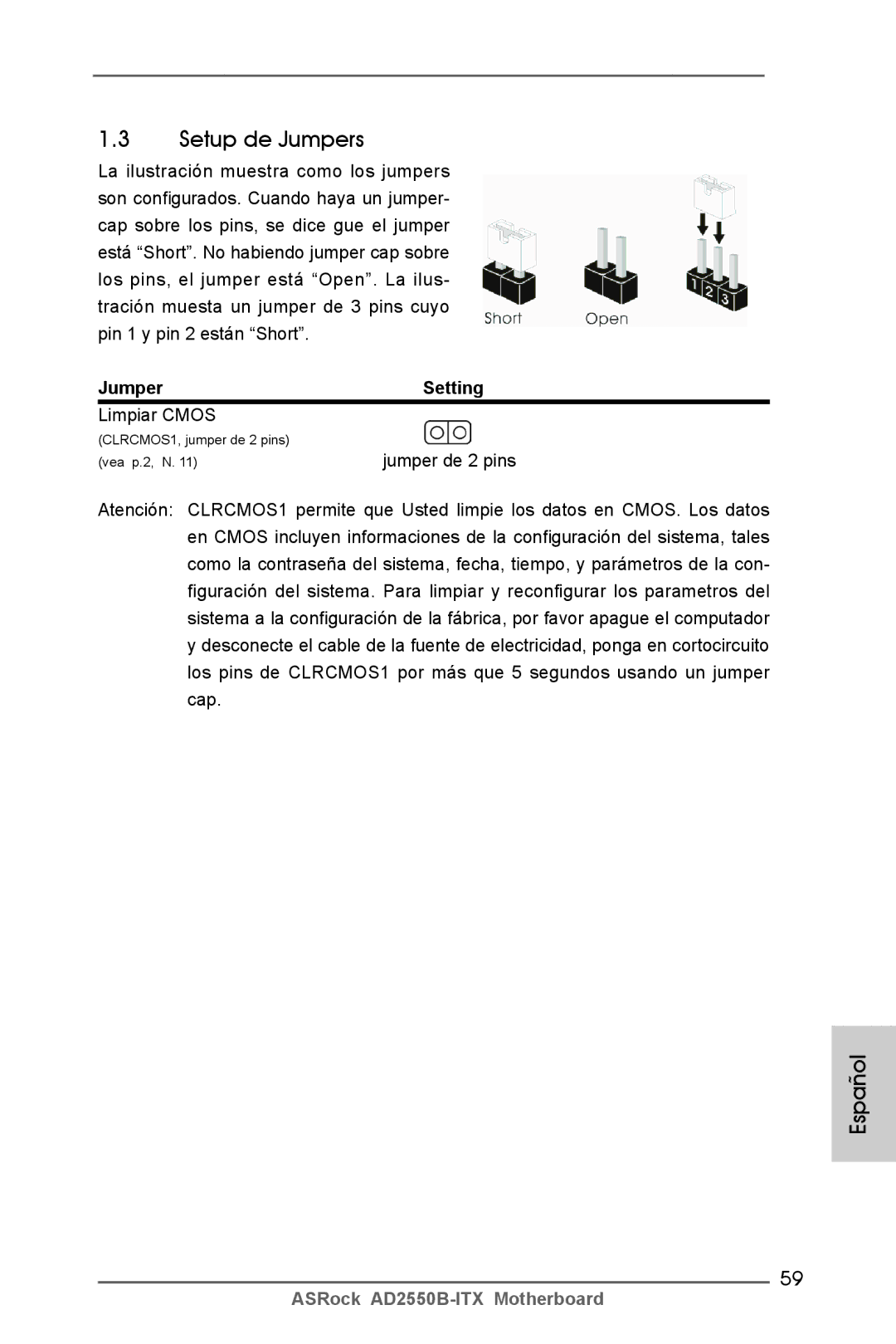 ASRock AD2550B-ITX manual Setup de Jumpers, Limpiar Cmos, Jumper de 2 pins 