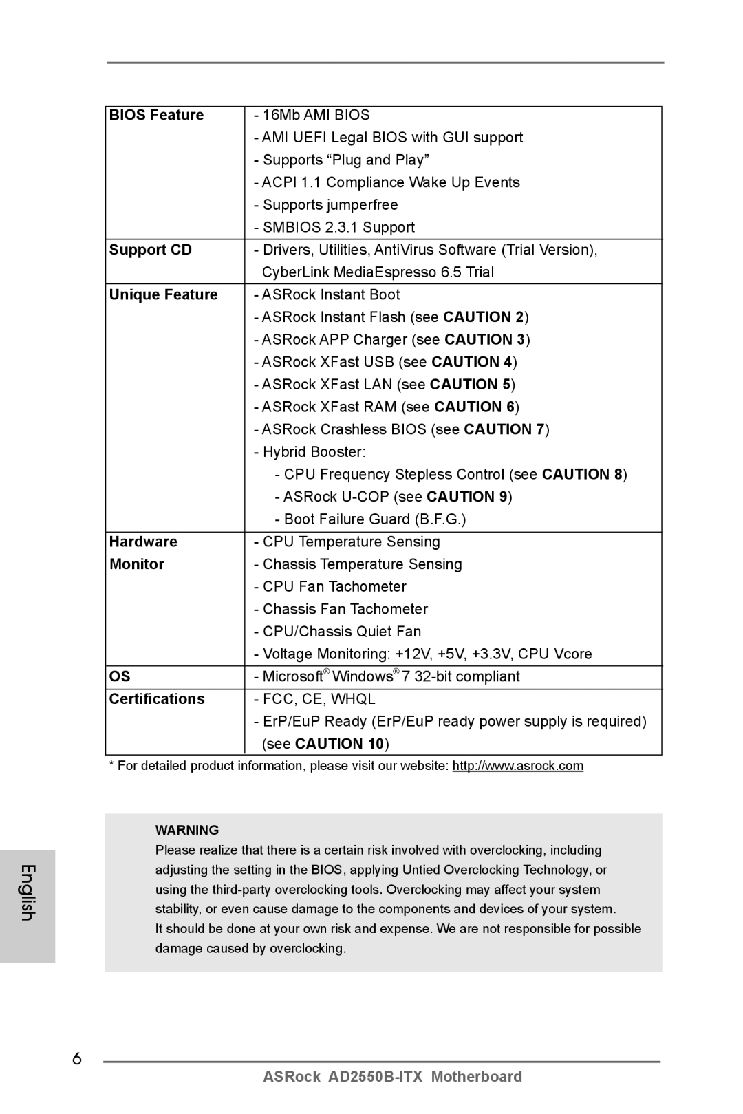 ASRock AD2550B-ITX manual Bios Feature, Support CD, Unique Feature, Hardware, Monitor, Certifications, See Caution 