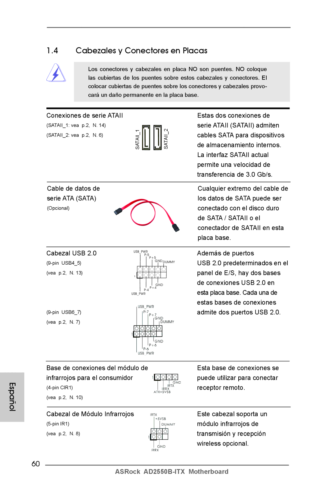 ASRock AD2550B-ITX manual Cabezales y Conectores en Placas 