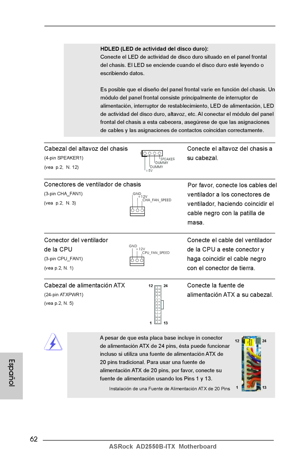 ASRock AD2550B-ITX manual Cabezal del altavoz del chasis, Su cabezal, Conectores de ventilador de chasis 