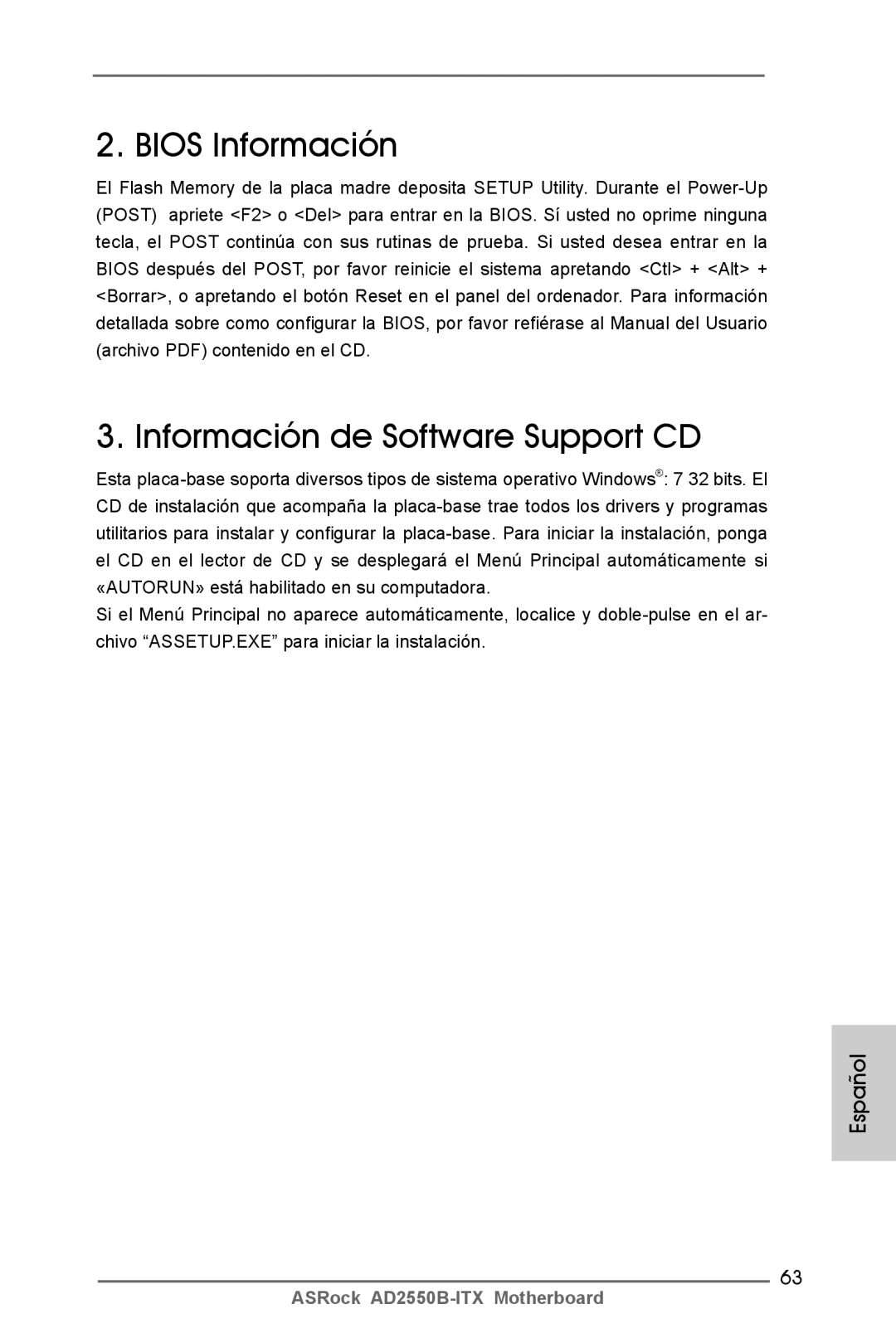 ASRock AD2550B-ITX manual Bios Información Información de Software Support CD 