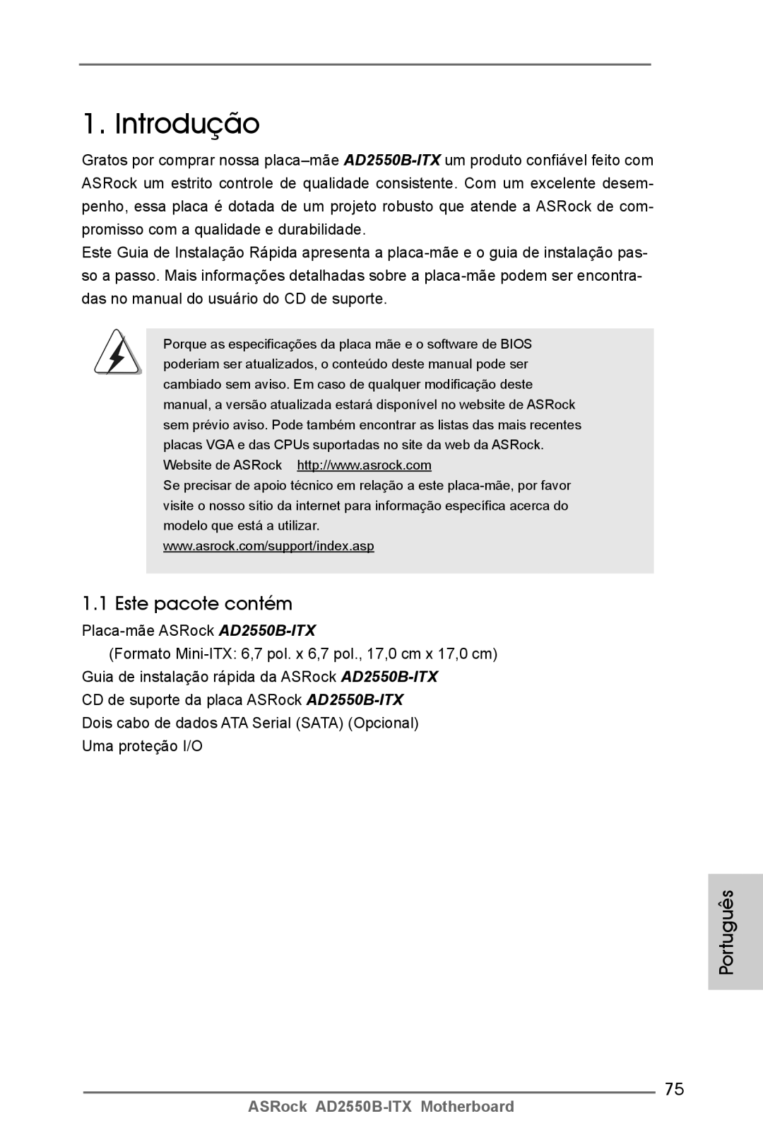 ASRock AD2550B-ITX manual Introdução, Este pacote contém, Português 