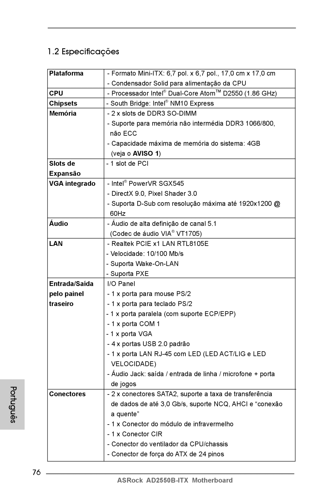 ASRock AD2550B-ITX manual Especificações Português 