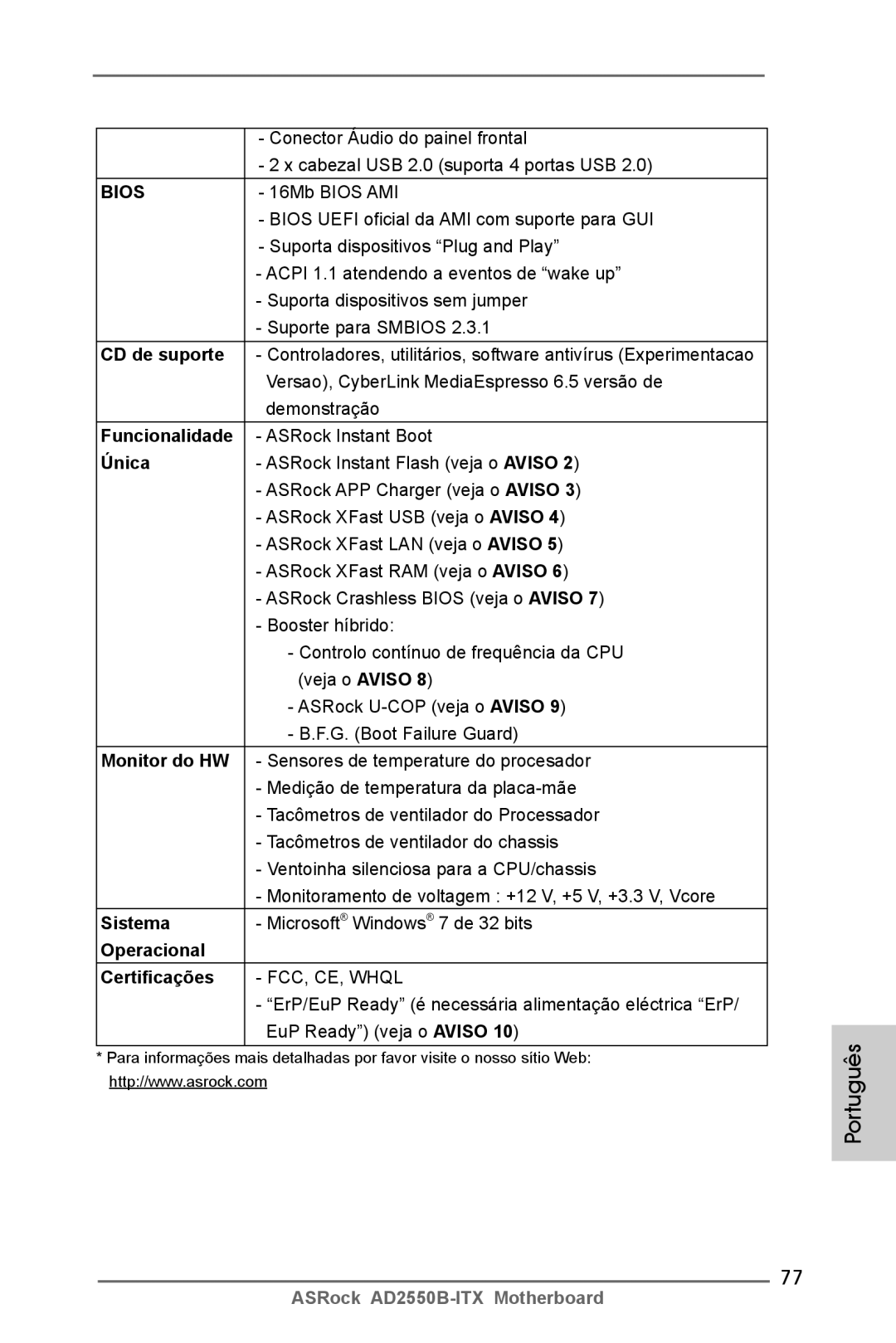 ASRock AD2550B-ITX manual CD de suporte, Funcionalidade, Monitor do HW, Sistema, Operacional Certificações 