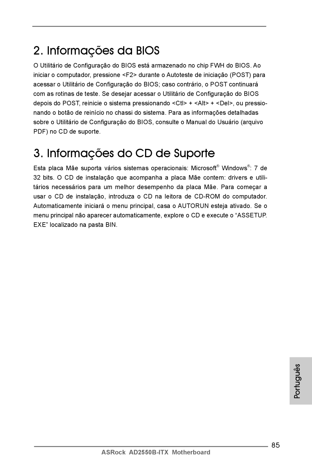 ASRock AD2550B-ITX manual Informações da Bios Informações do CD de Suporte 