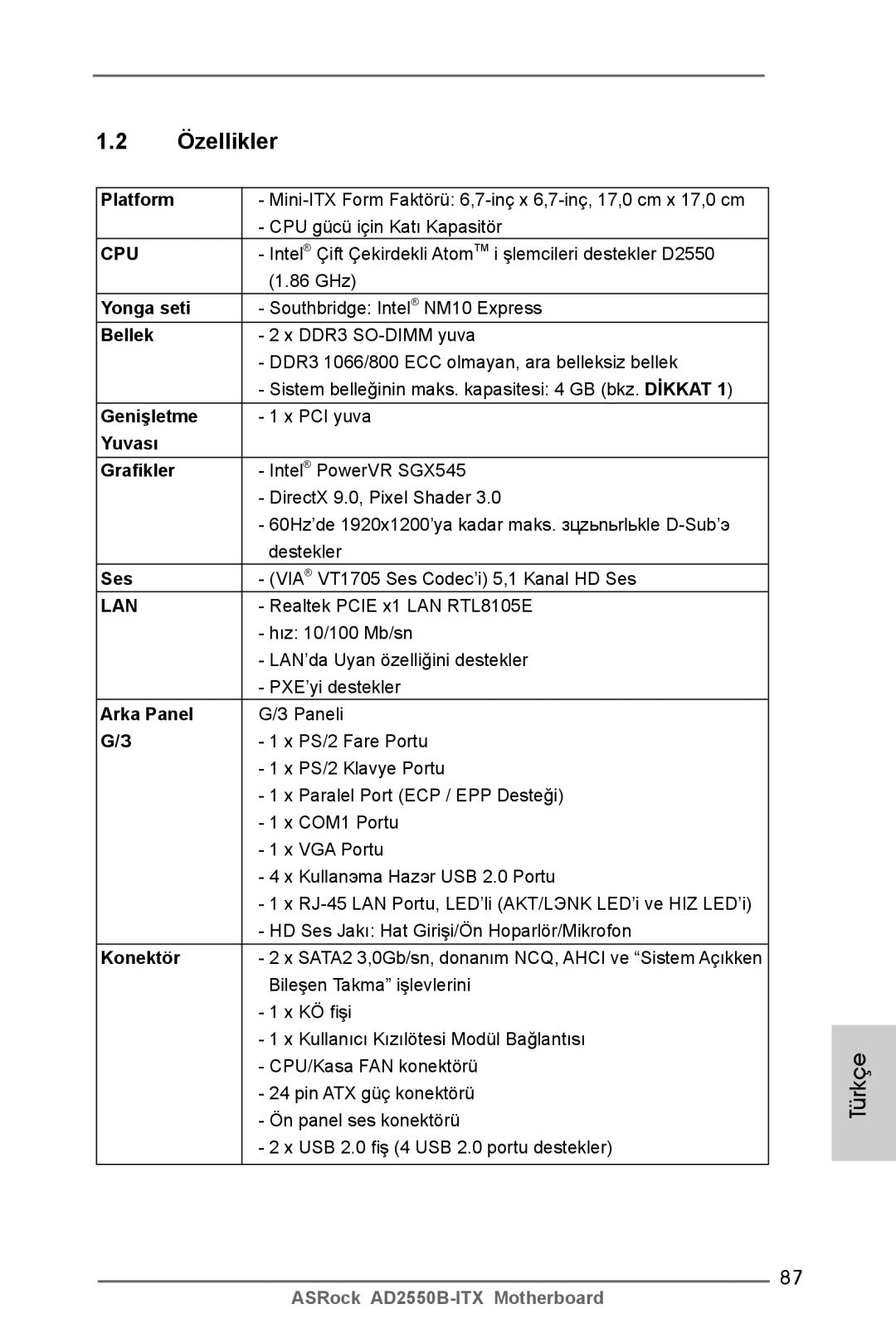 ASRock AD2550B-ITX manual Yonga seti, Bellek, Genişletme, Yuvası Grafikler, Ses, Arka Panel, Konektör 