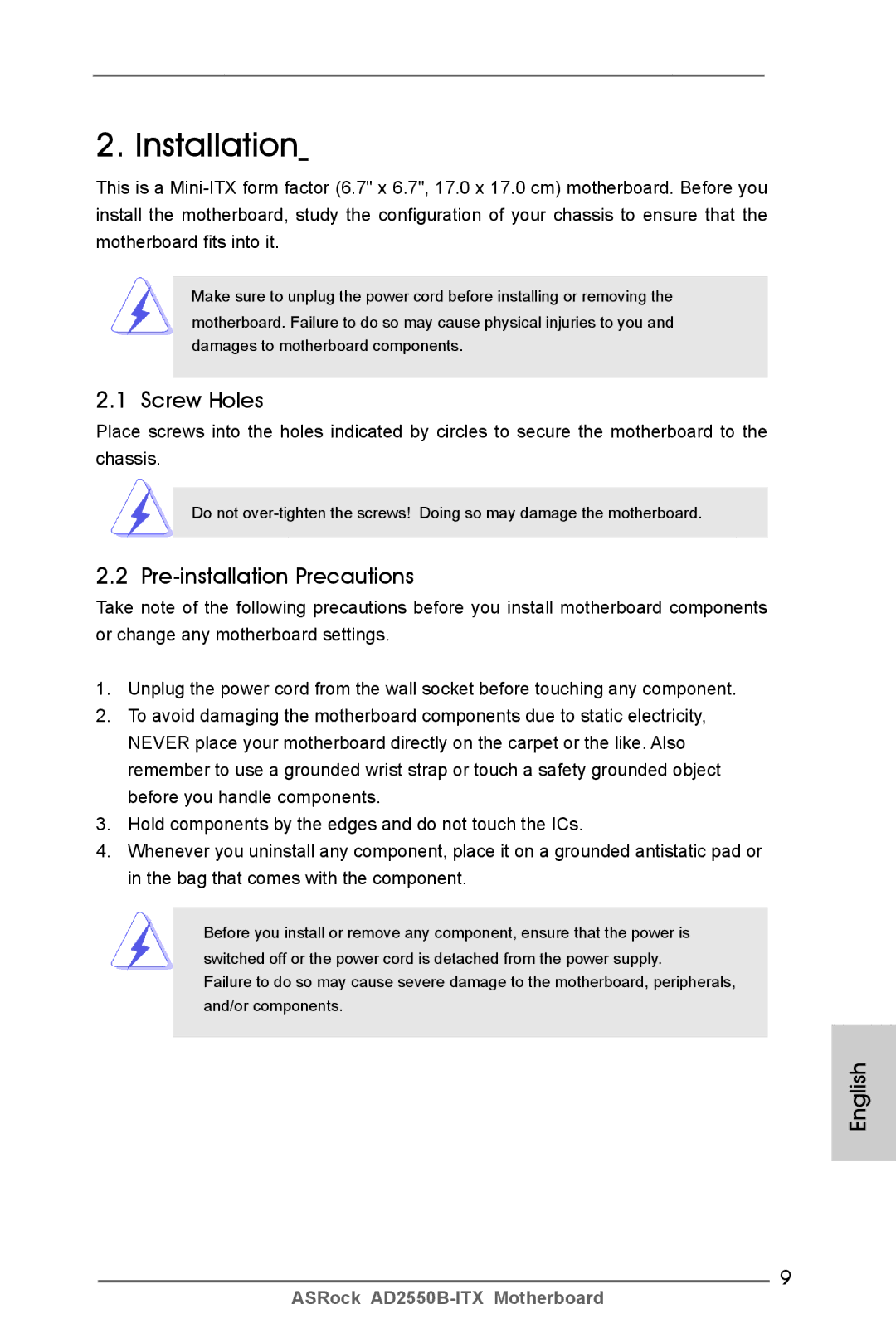 ASRock AD2550B-ITX manual Installation, Screw Holes, Pre-installation Precautions 