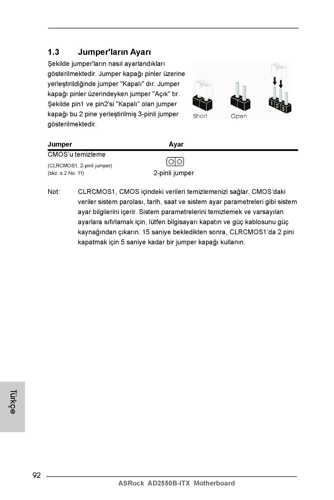 ASRock AD2550B-ITX manual Jumper, CMOS’u temizleme, Kapatmak için 5 saniye kadar bir jumper kapağı kullanın 