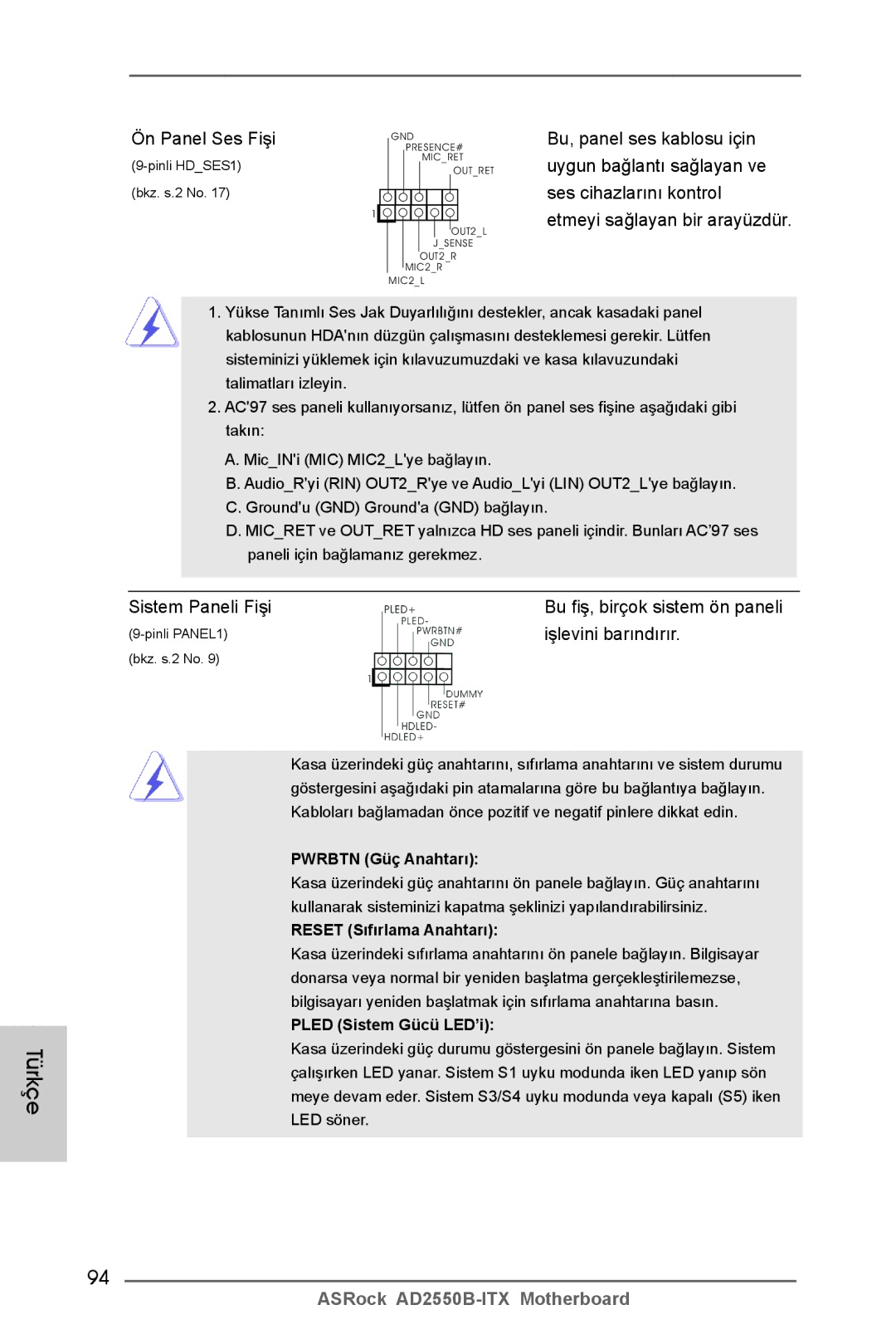 ASRock AD2550B-ITX manual Ön Panel Ses Fişi, Sistem Paneli Fişi, Işlevini barındırır 