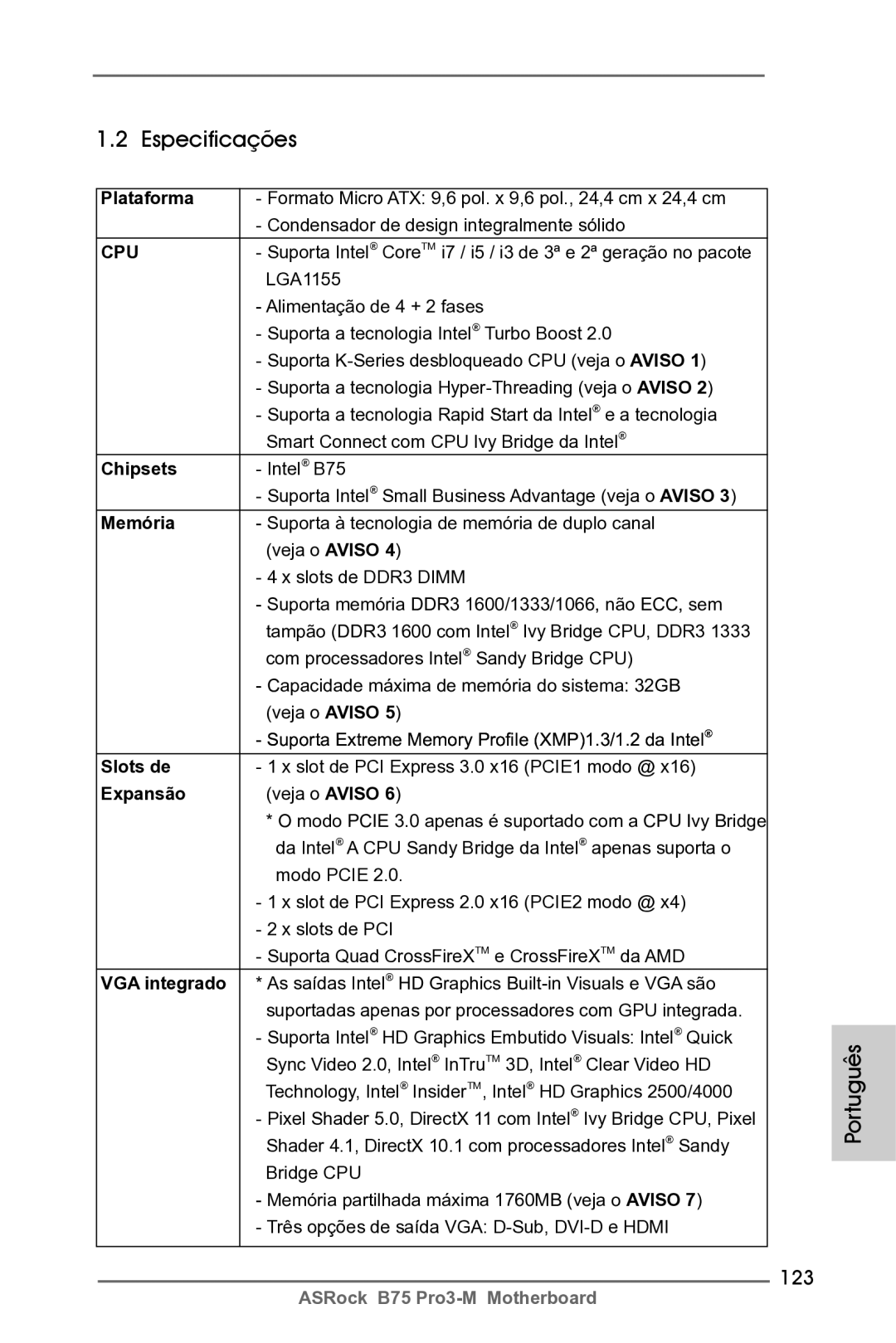 ASRock B75 Pro3-M manual Especificações, 123 