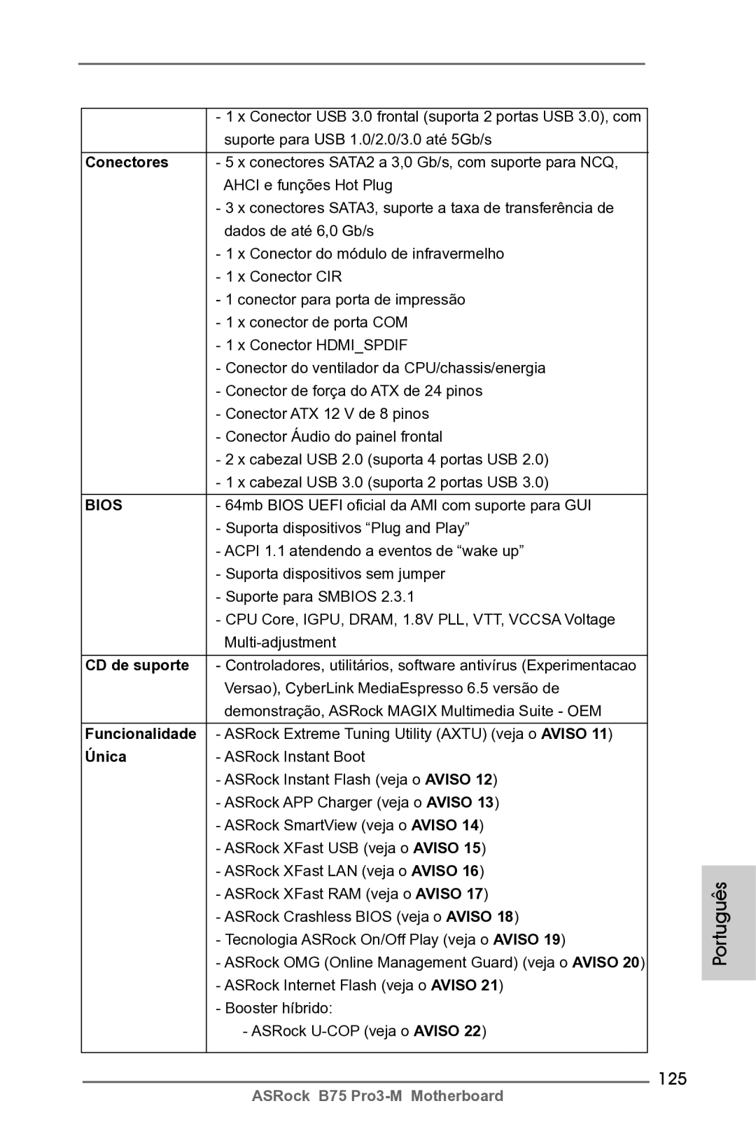 ASRock B75 Pro3-M manual 125, CD de suporte, Funcionalidade 