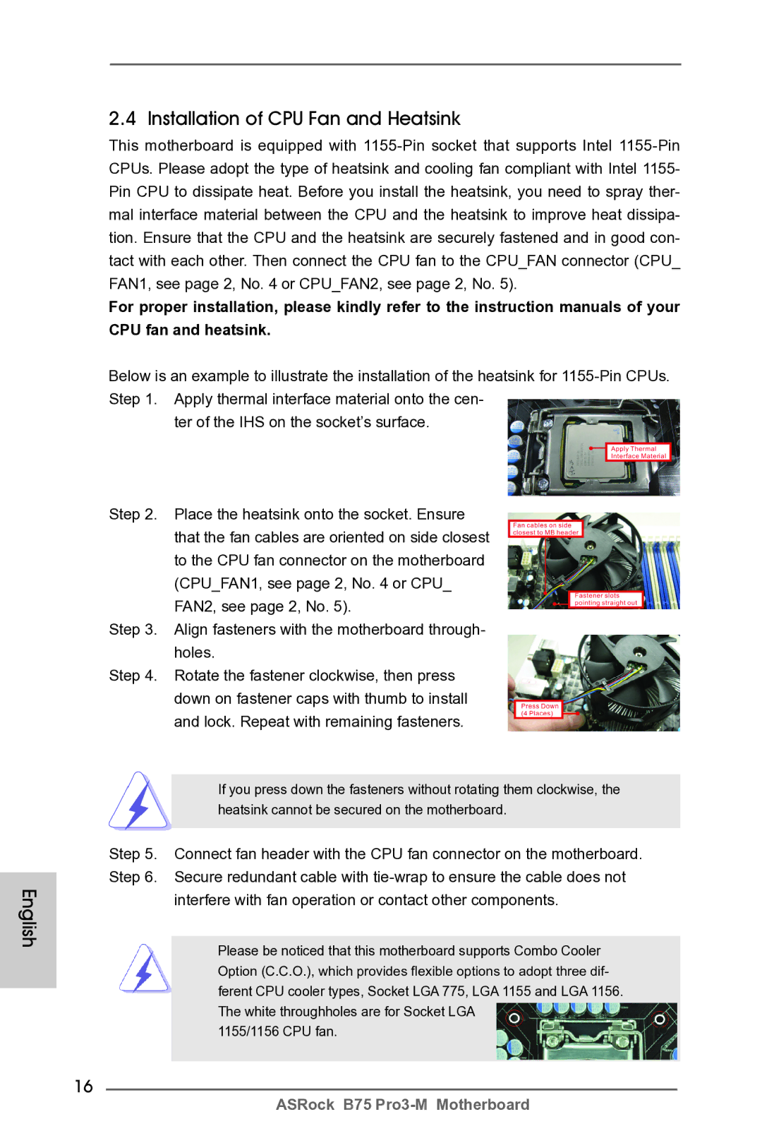 ASRock B75 Pro3-M manual Installation of CPU Fan and Heatsink 