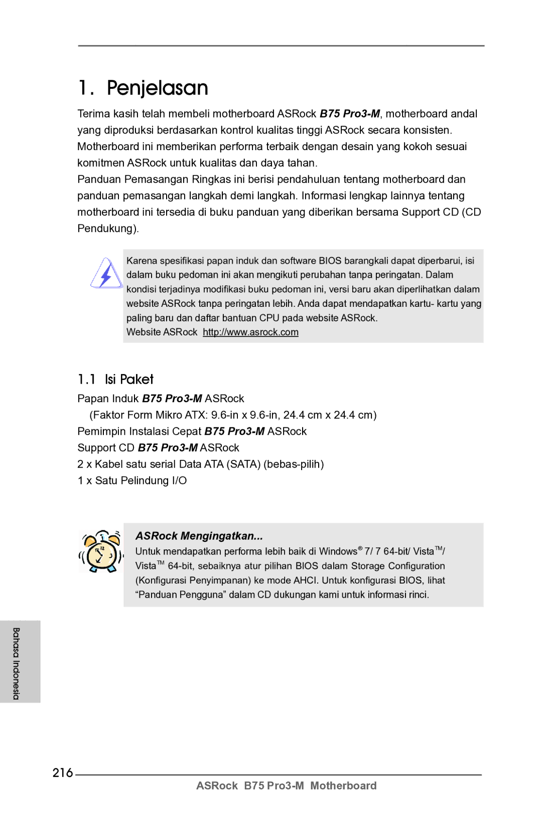 ASRock B75 Pro3-M manual Penjelasan, Isi Paket, 216 