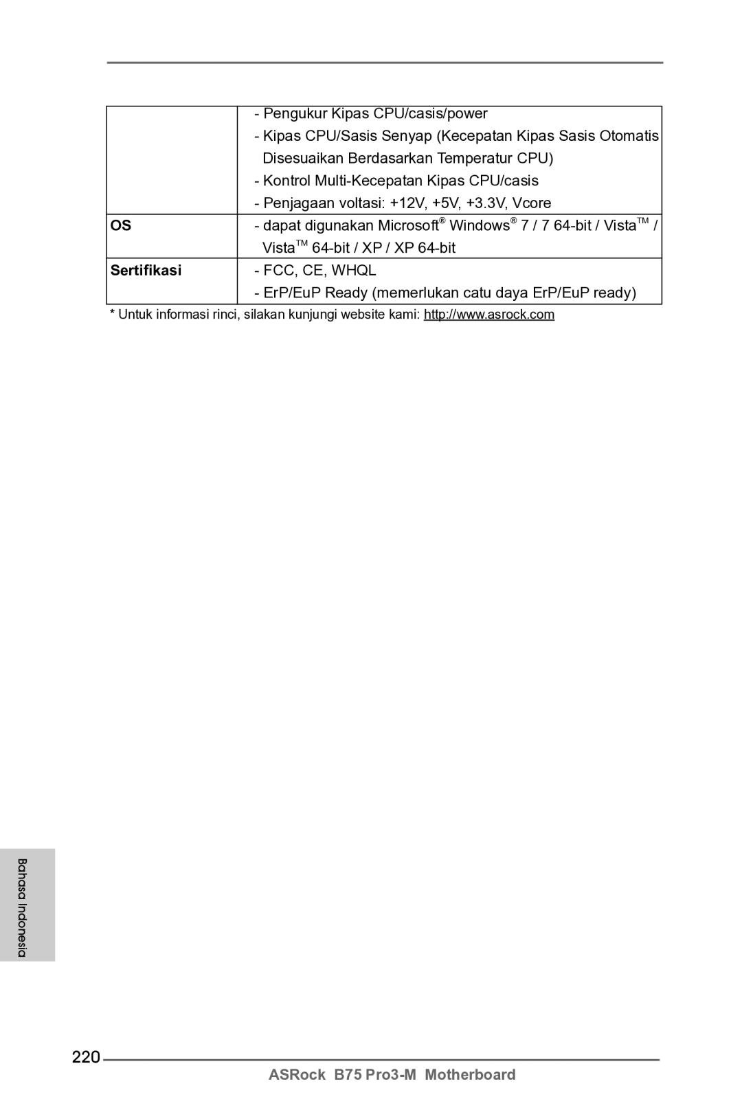 ASRock B75 Pro3-M manual 220, Sertifikasi 