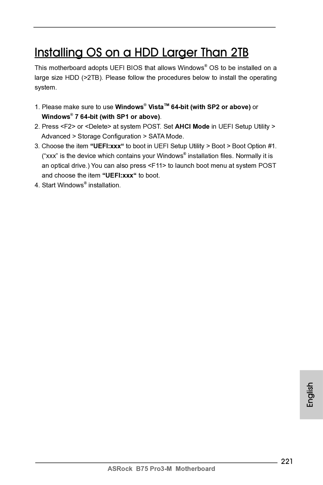 ASRock B75 Pro3-M manual Installing OS on a HDD Larger Than 2TB, 221 