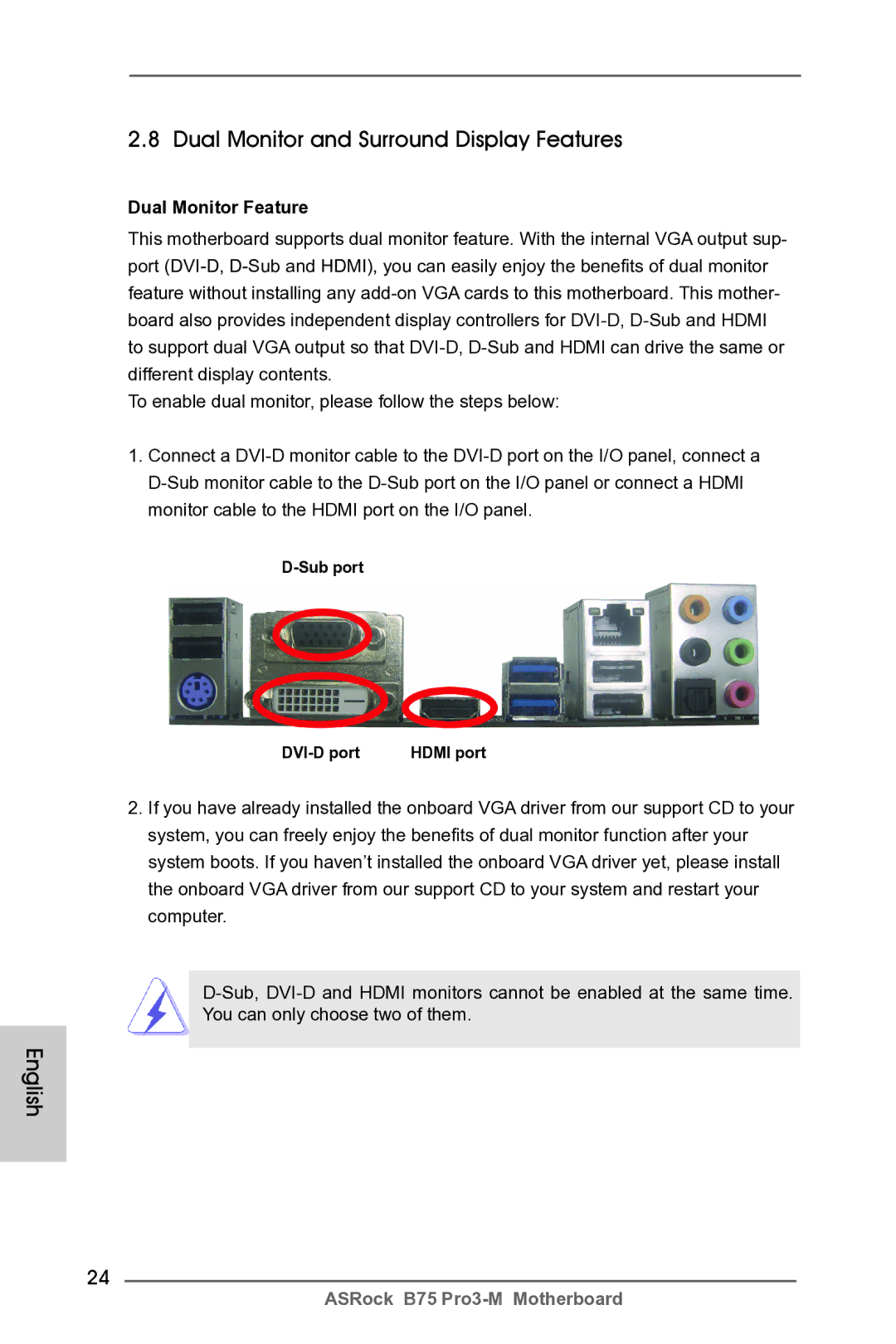 ASRock B75 Pro3-M manual Dual Monitor and Surround Display Features, Dual Monitor Feature, Sub port DVI-D port 