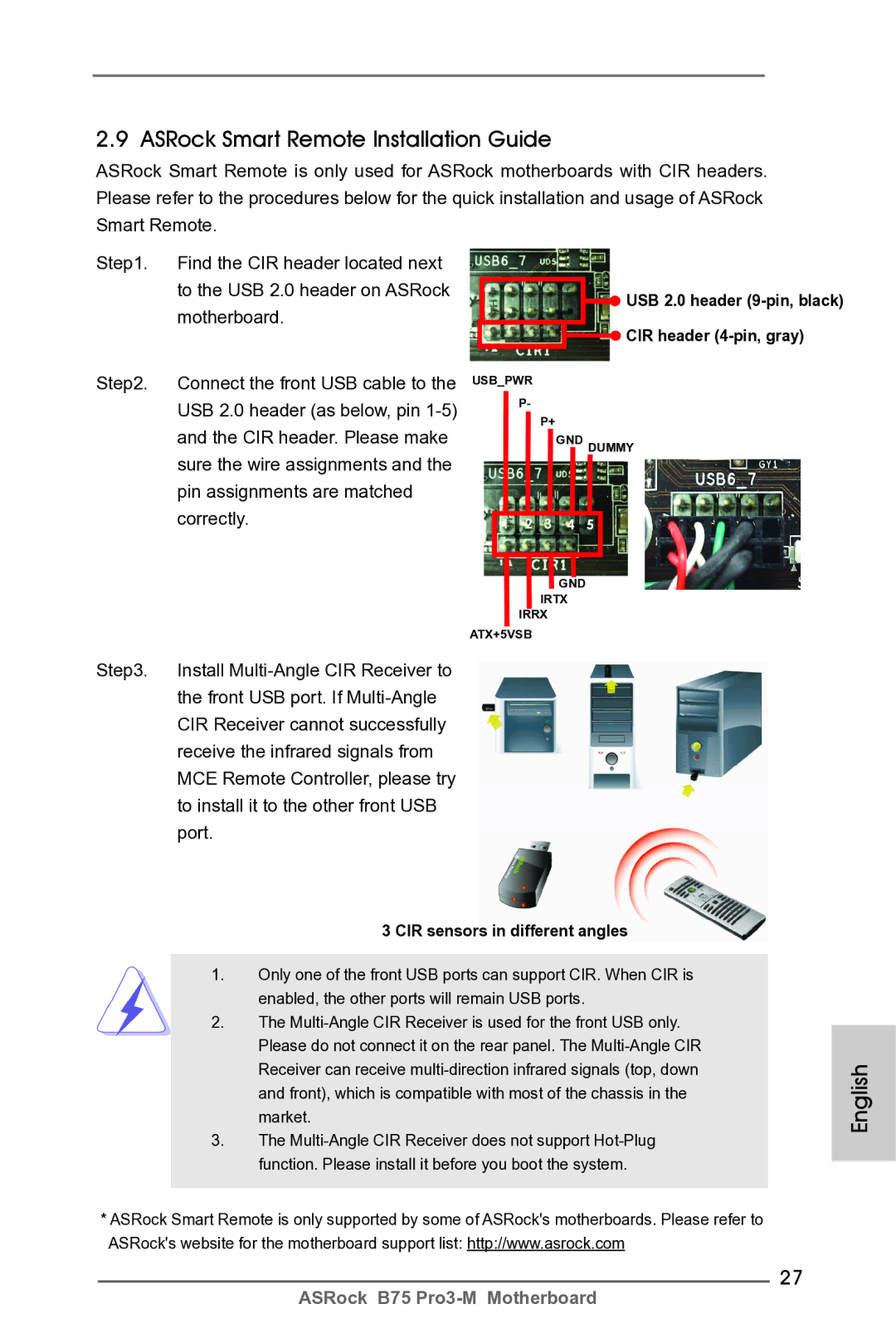 ASRock B75 Pro3-M manual ASRock Smart Remote Installation Guide, USB 2.0 header 9-pin, black CIR header 4-pin, gray 