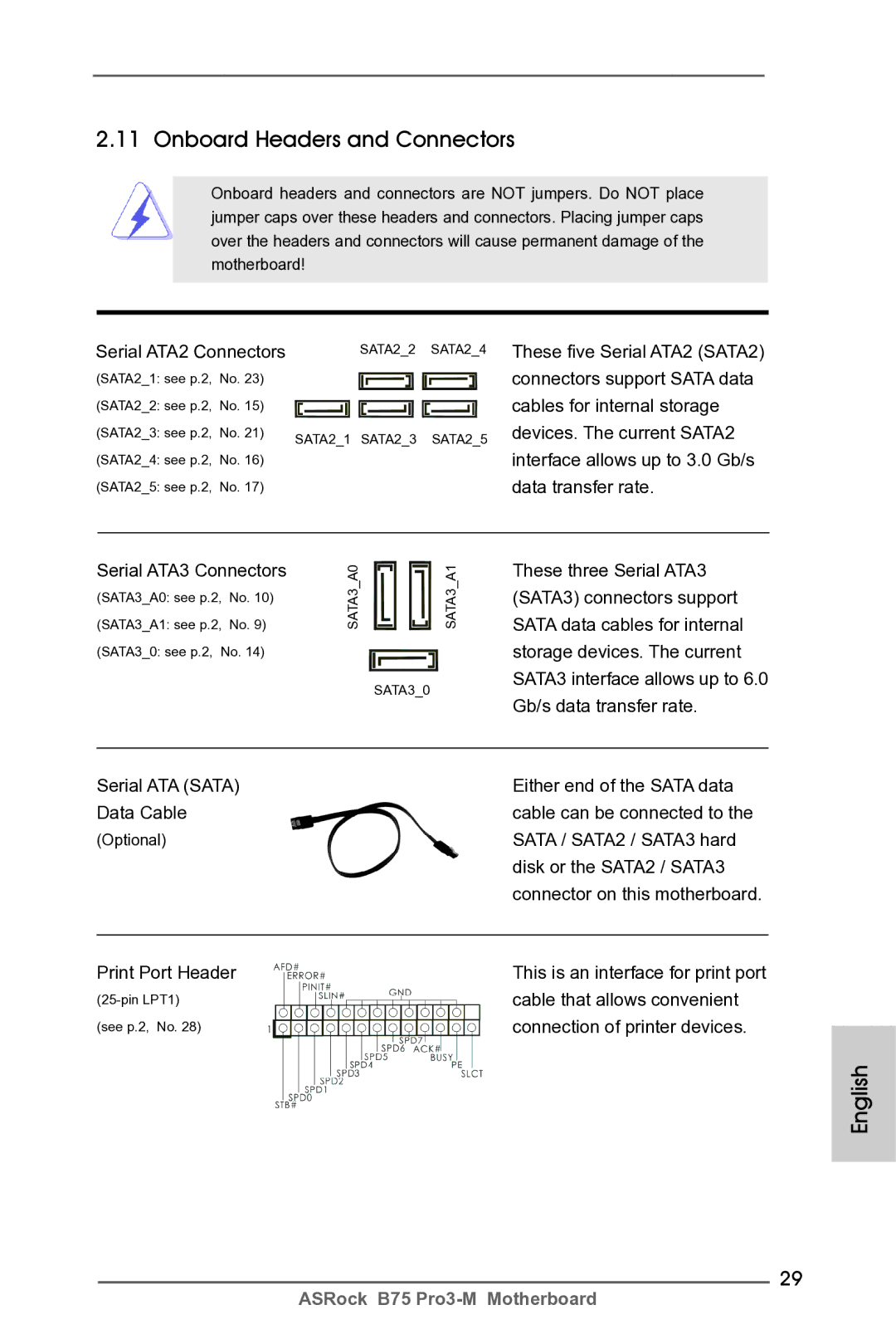 ASRock B75 Pro3-M manual Onboard Headers and Connectors, Serial ATA2 Connectors 