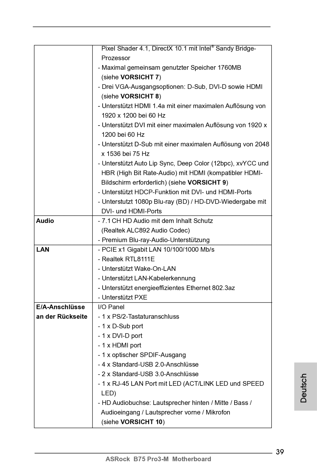 ASRock B75 Pro3-M manual Drei VGA-Ausgangsoptionen D-Sub, DVI-D sowie Hdmi, Anschlüsse, Panel 