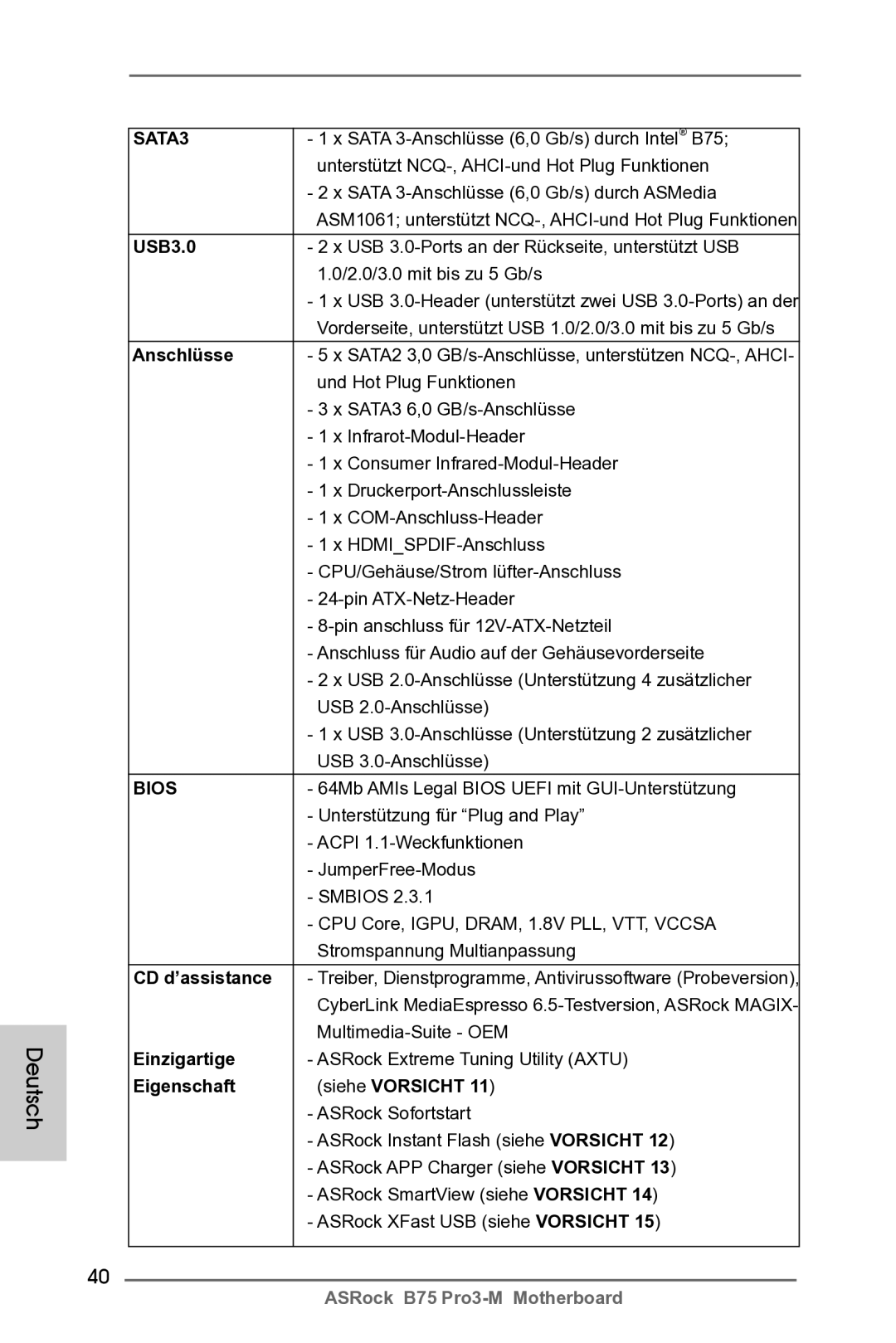 ASRock B75 Pro3-M manual CD d’assistance, Einzigartige, Eigenschaft Siehe Vorsicht 