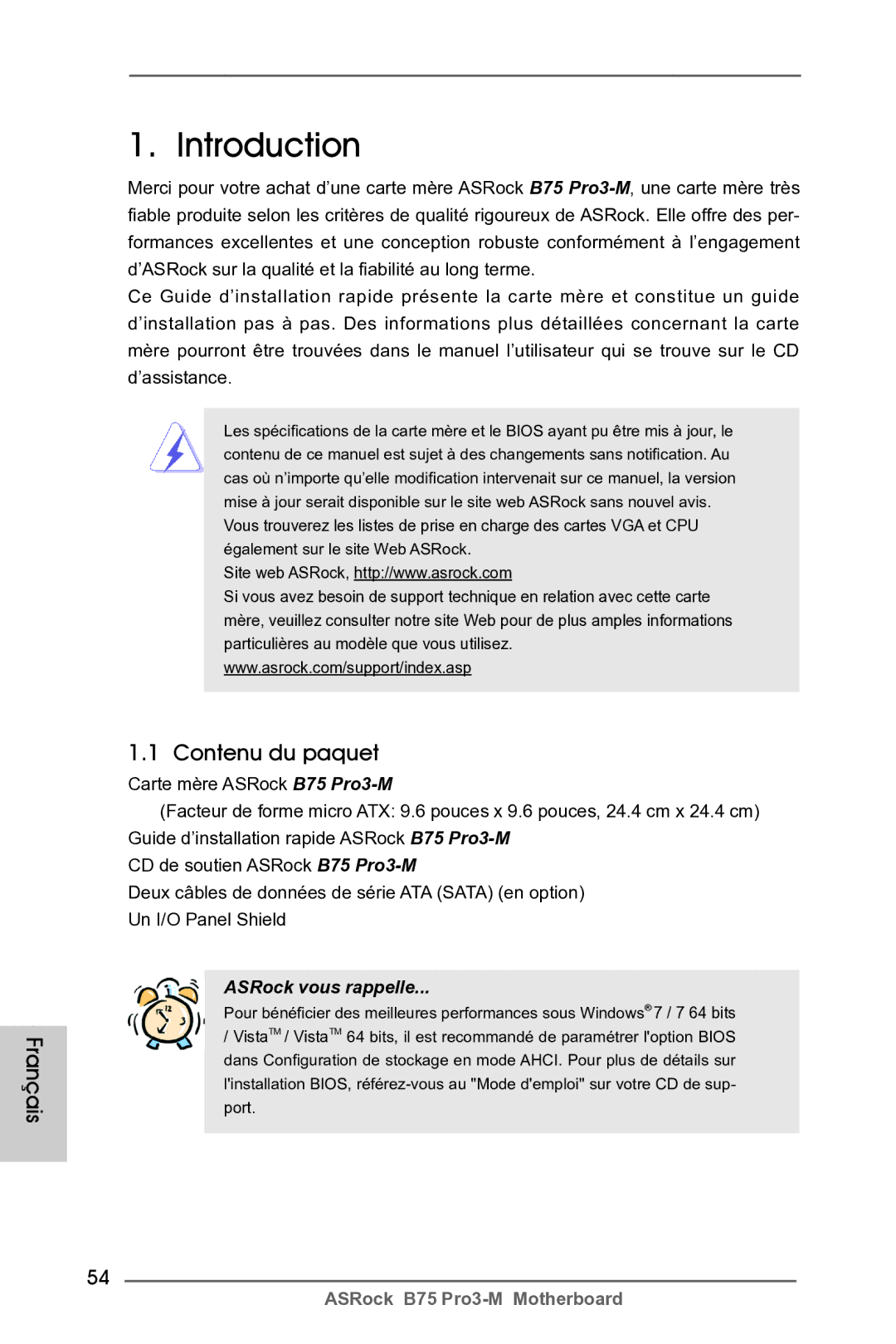 ASRock B75 Pro3-M manual Français, Contenu du paquet 