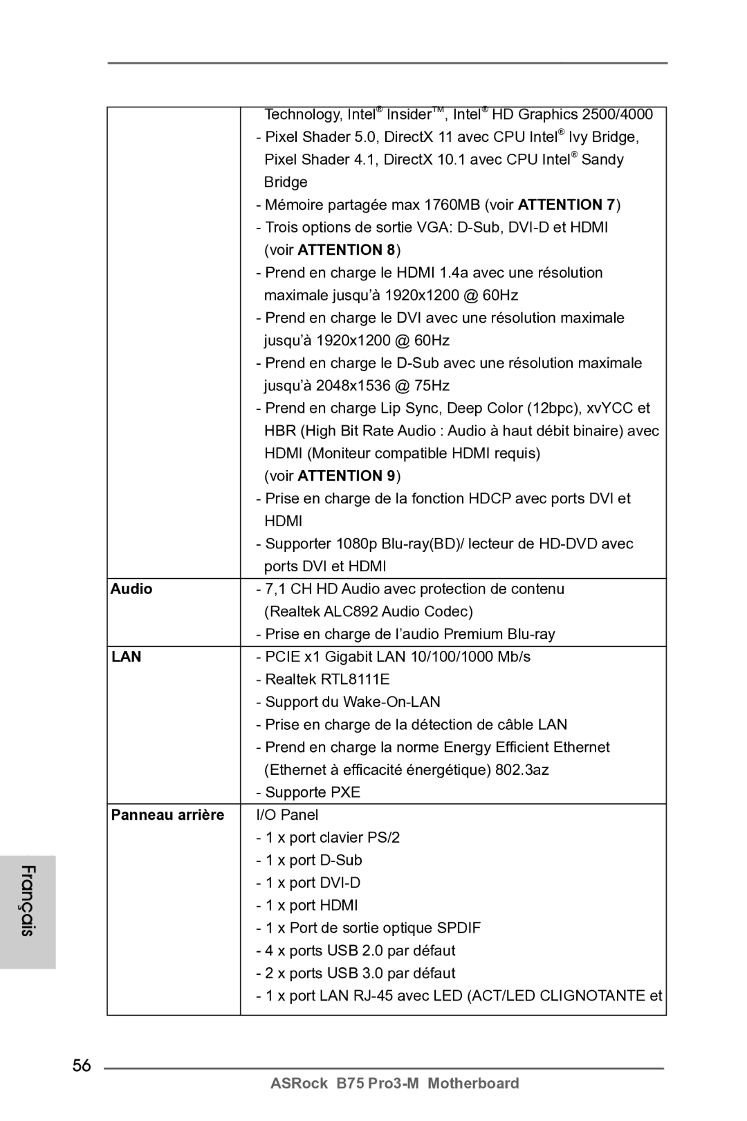 ASRock B75 Pro3-M manual Prise en charge de la fonction Hdcp avec ports DVI et, Panneau arrière 