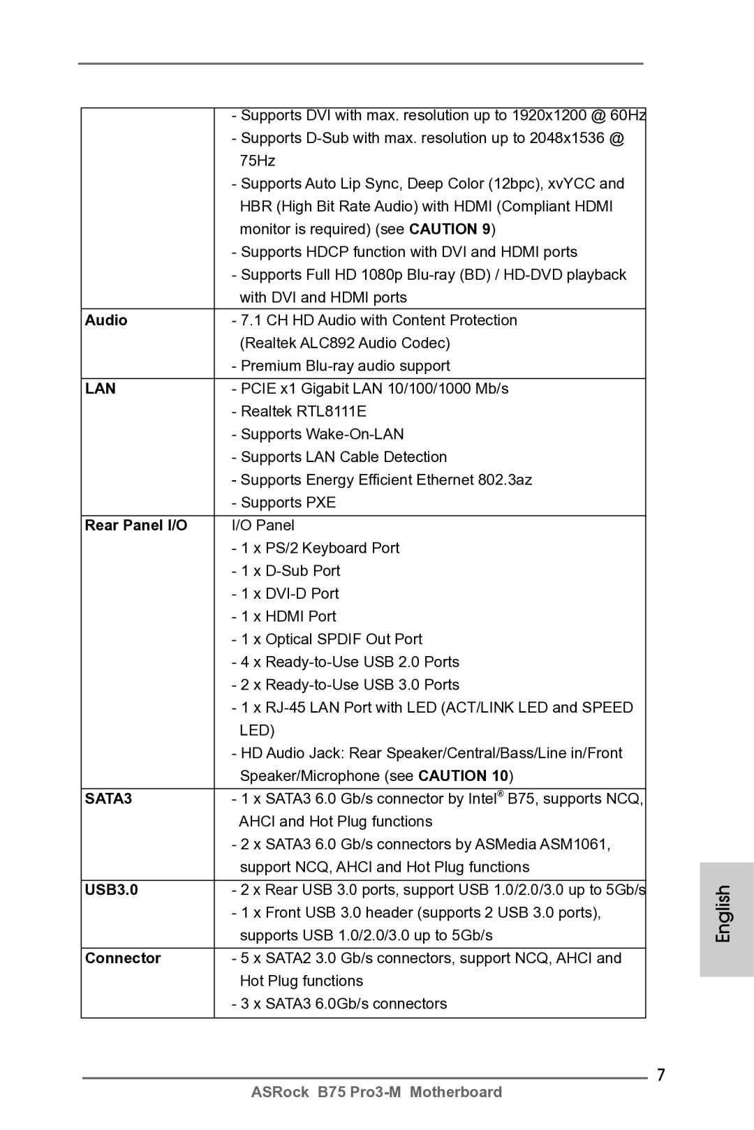 ASRock B75 Pro3-M manual Audio, Rear Panel I/O, USB3.0, Connector 