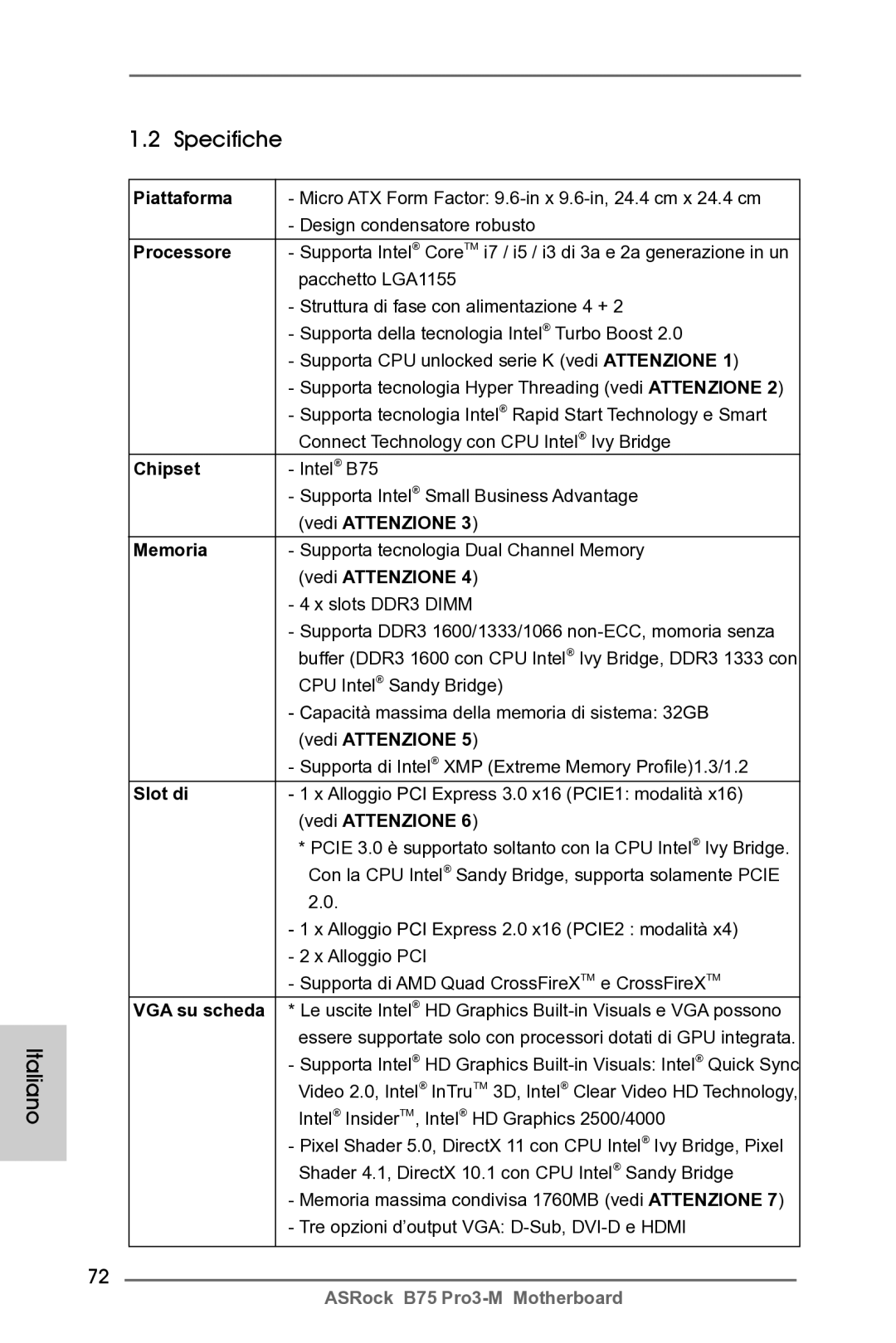 ASRock B75 Pro3-M manual Italiano Specifiche 