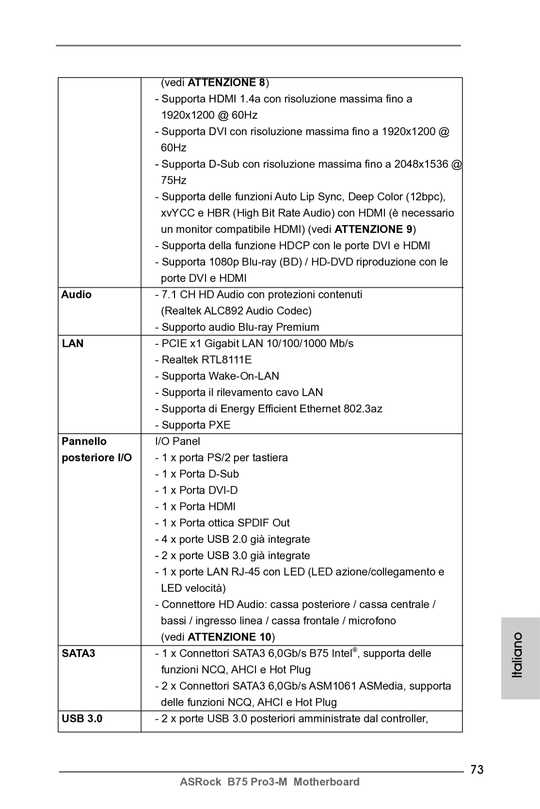 ASRock B75 Pro3-M manual Pannello, Posteriore I/O 