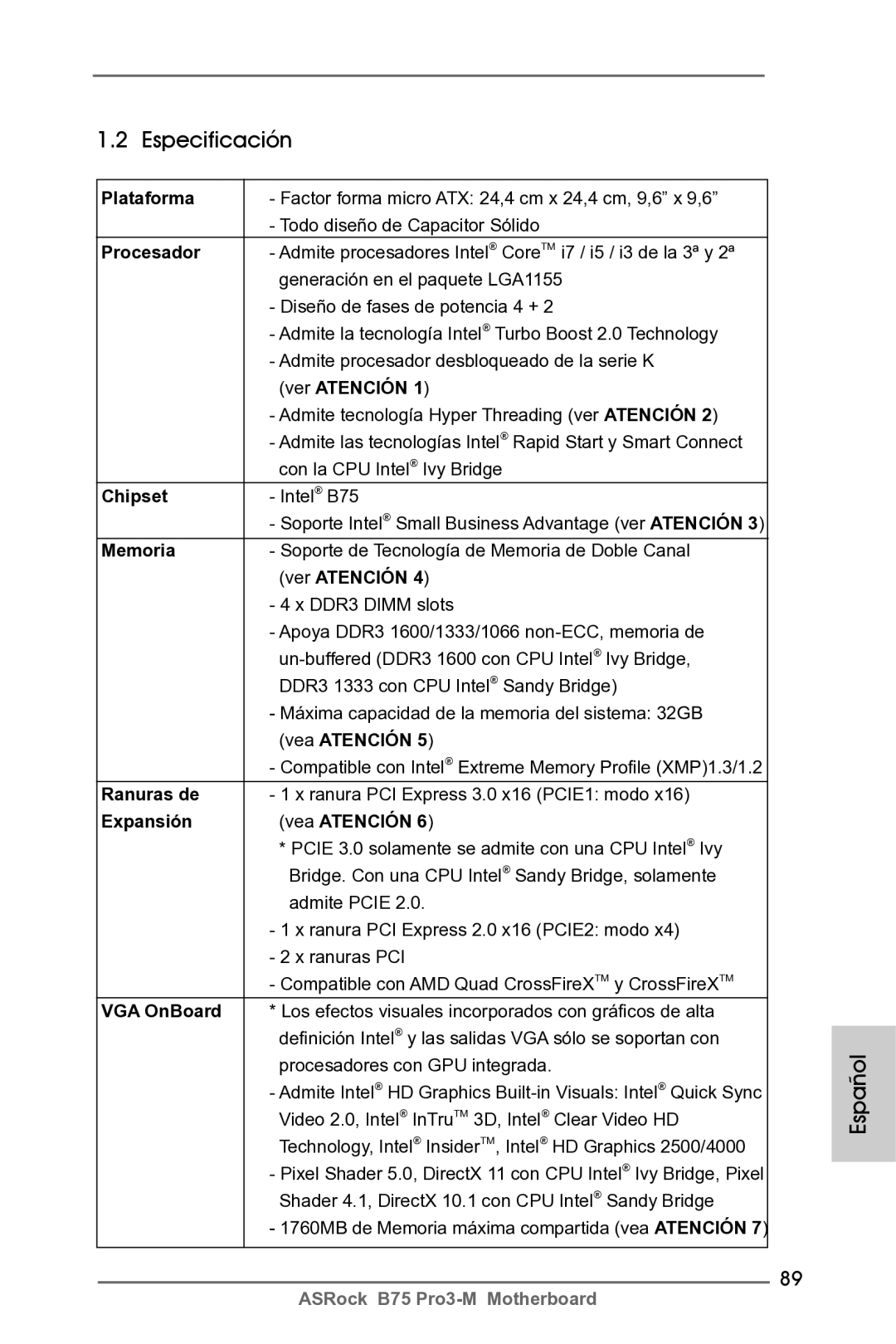 ASRock B75 Pro3-M manual Especificación 