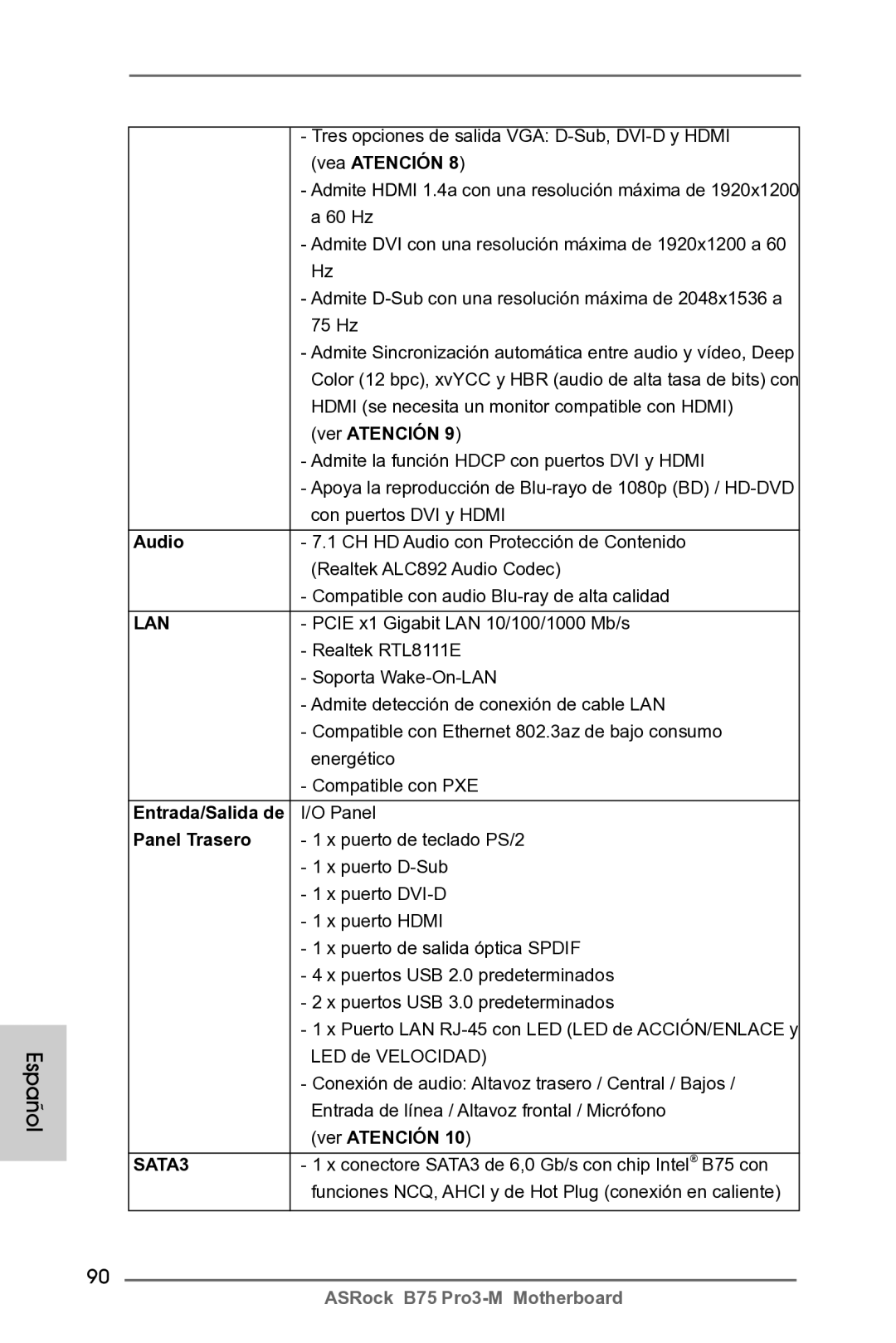 ASRock B75 Pro3-M manual Panel Trasero 