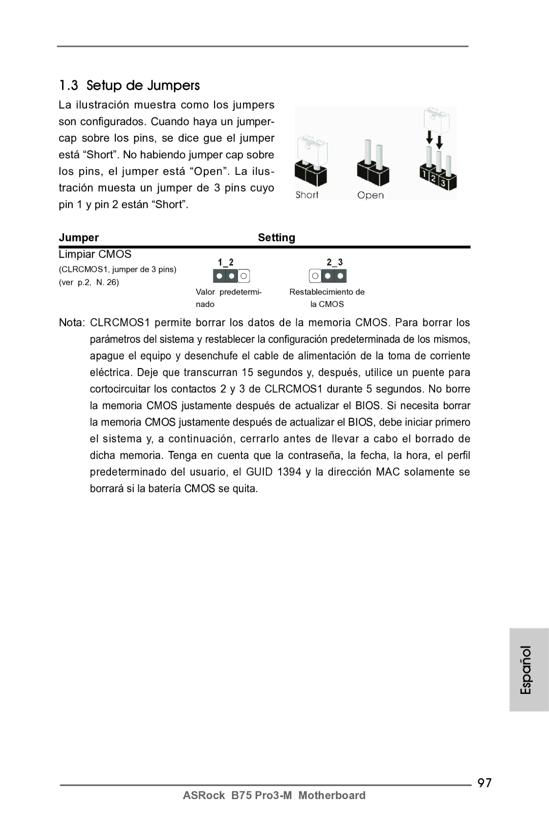 ASRock B75 Pro3-M manual Setup de Jumpers, Jumper Setting, Limpiar Cmos 