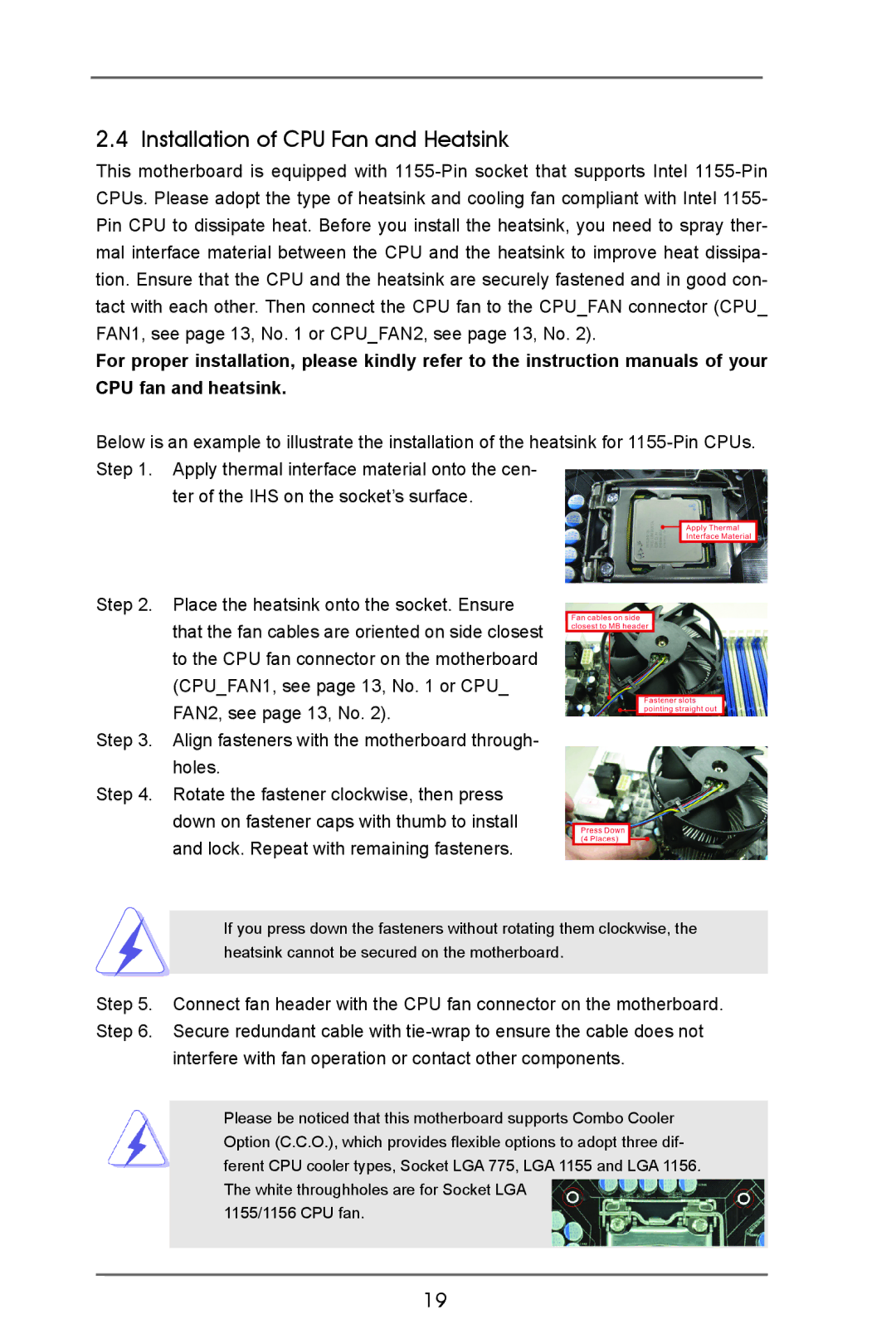 ASRock B75 Pro3 manual Installation of CPU Fan and Heatsink 