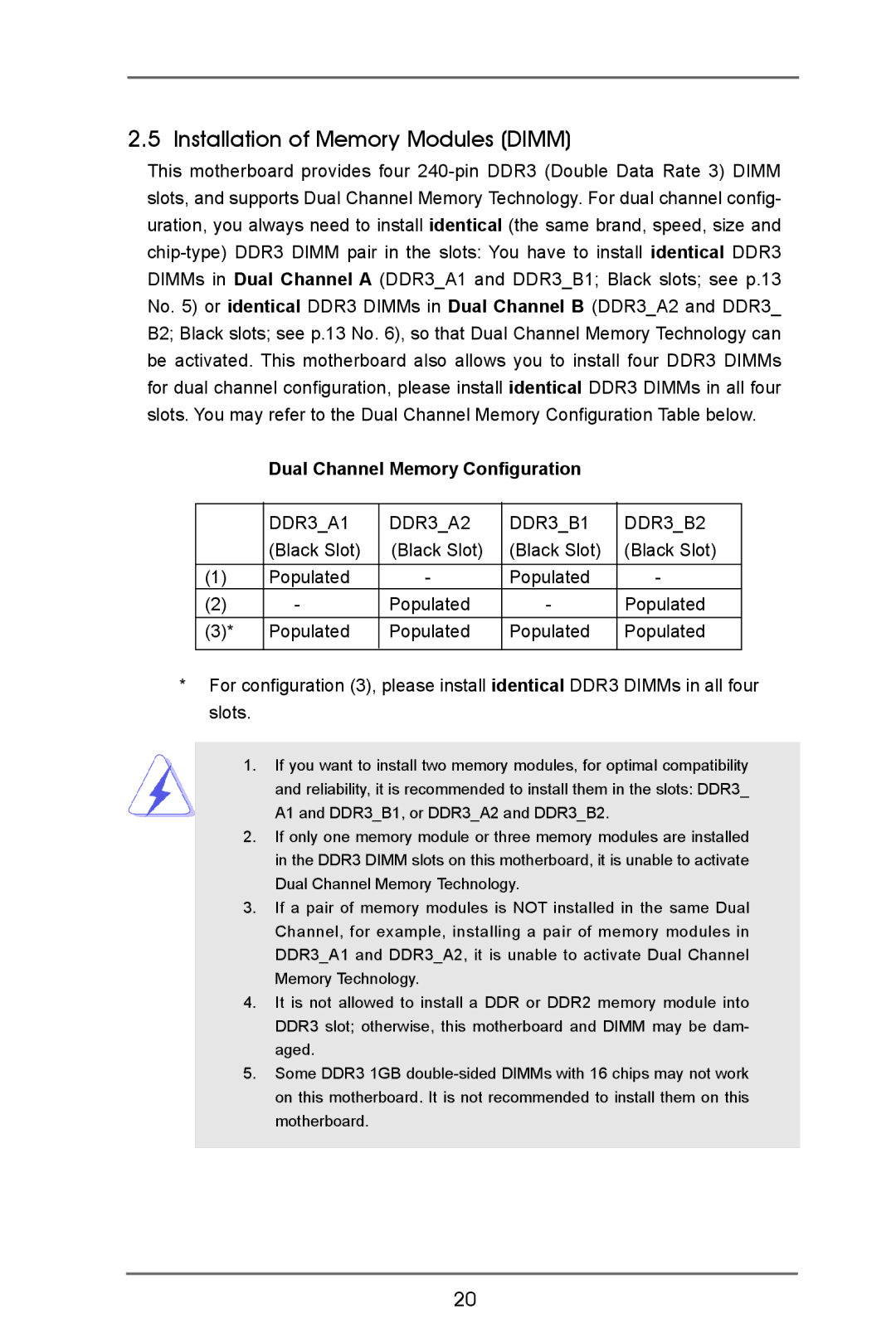 ASRock B75 Pro3 manual Installation of Memory Modules Dimm, Dual Channel Memory Configuration 