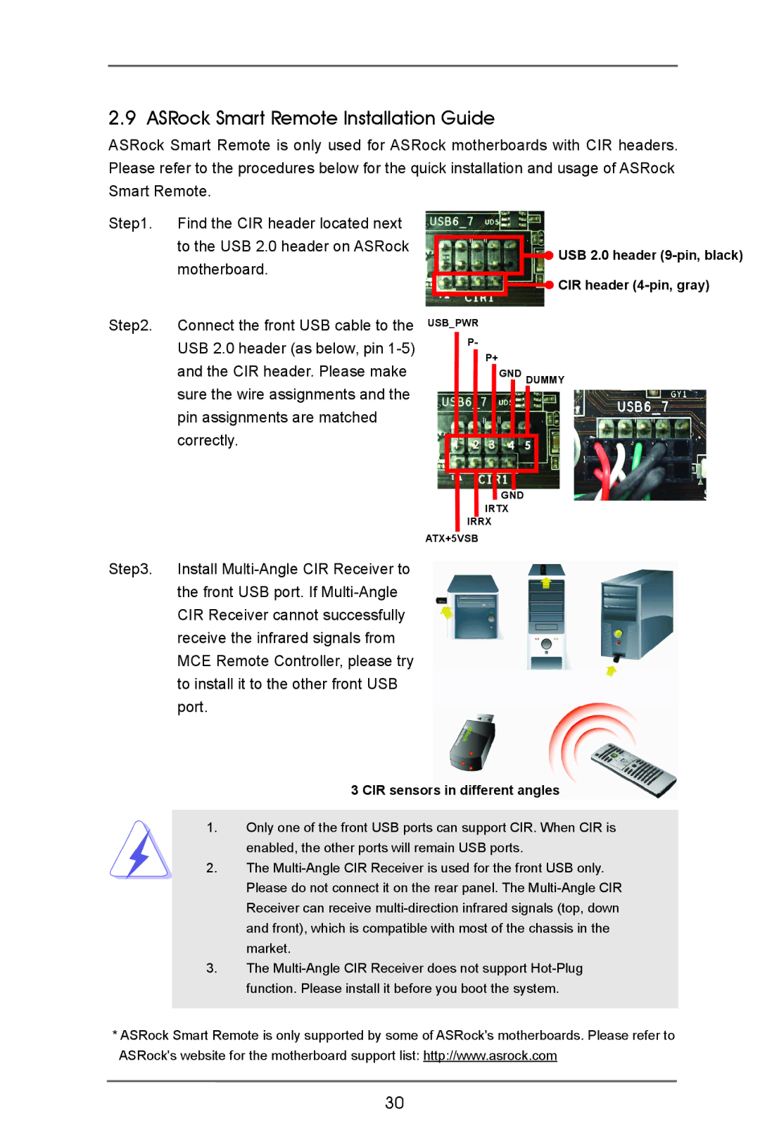 ASRock B75 Pro3 manual ASRock Smart Remote Installation Guide, CIR sensors in different angles 